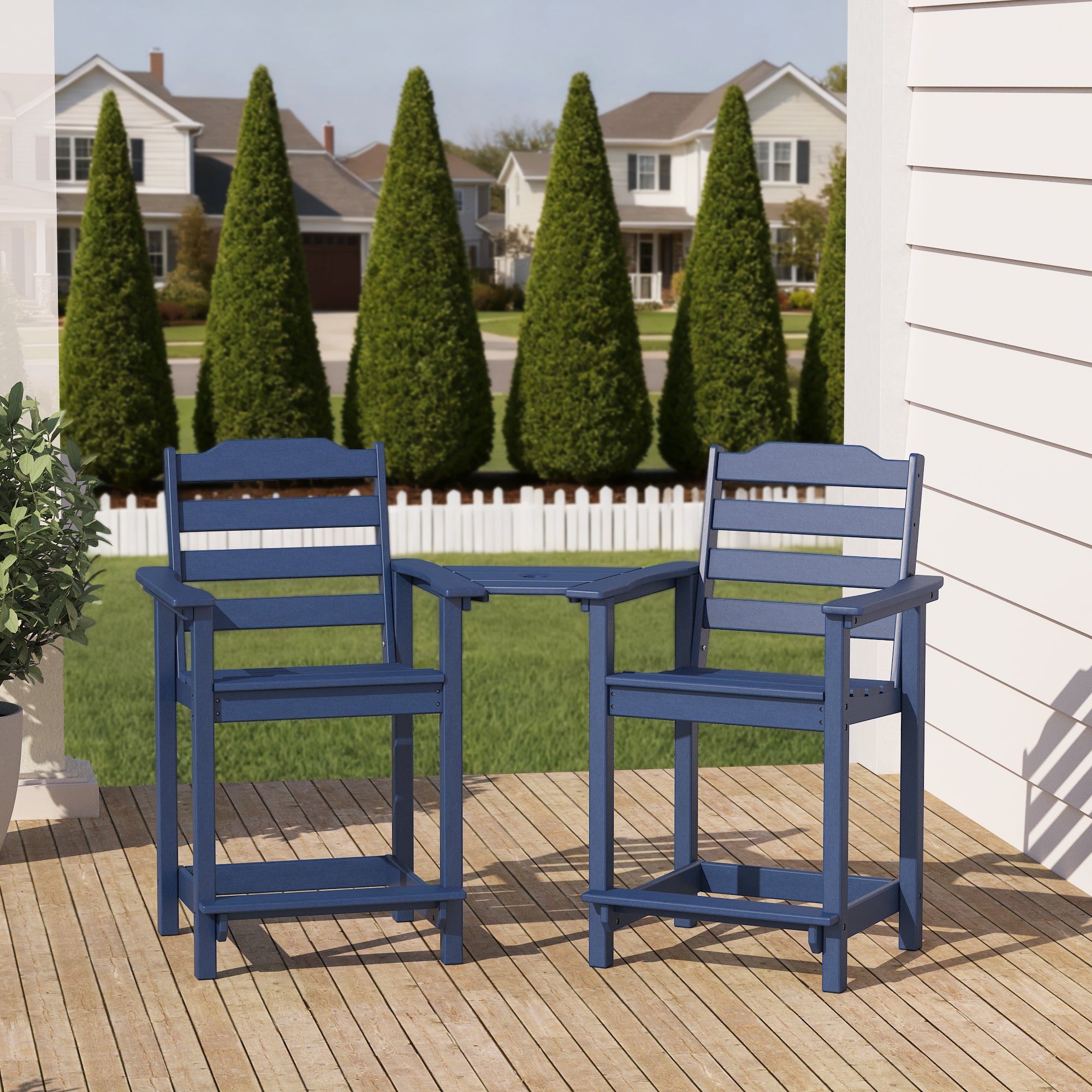 OLILAWN Tall Adirondack Chair Set of 2, Weather-Resistant HDPE Hight Back Adirondack Chairs with Double-Sided Connecting Tray, Outdoor Chairs for Balcony, Deck, Backyard, Patio, Garden, Blue