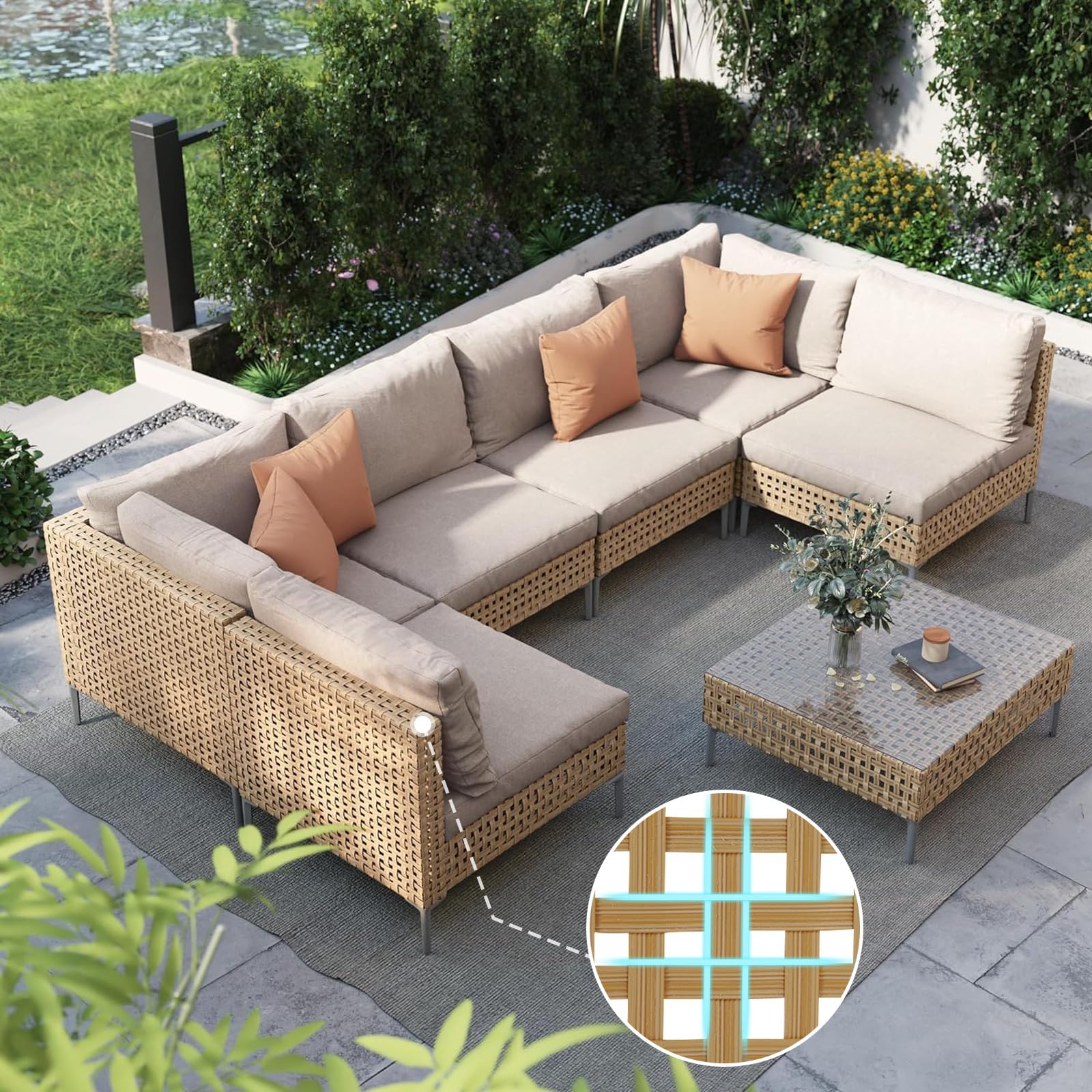 Boho Wicker Outdoor Conversation Set Sectional Sofa 7-Piece Wicker Patio Furniture