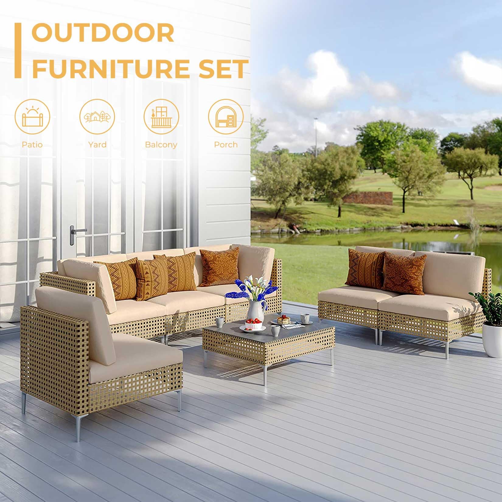 Boho Wicker Outdoor Conversation Set Sectional Sofa 7-Piece Wicker Patio Furniture