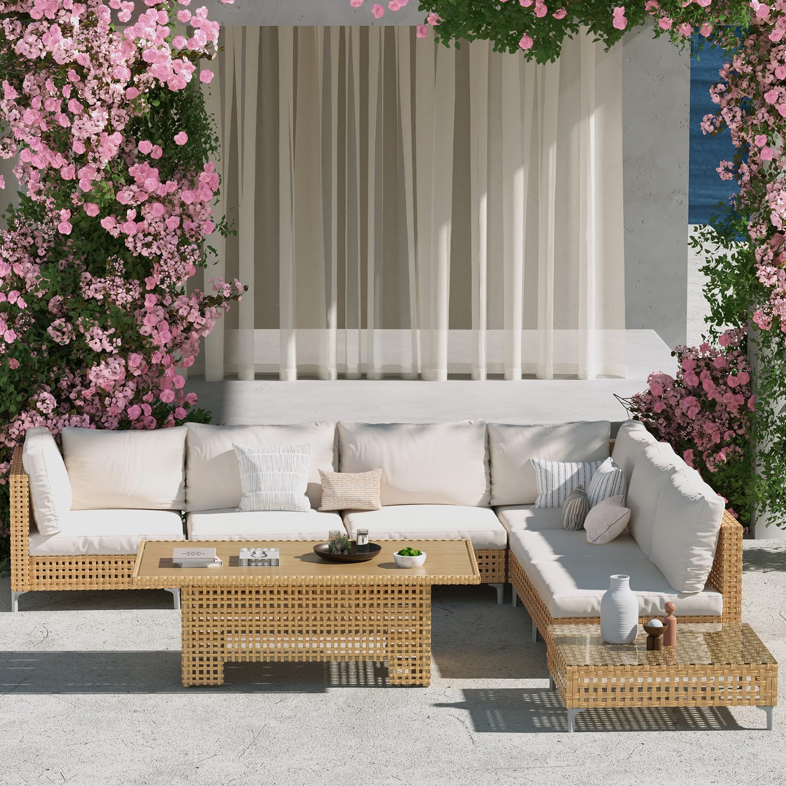 Boho Wicker Outdoor Conversation Set Sectional Sofa 7-Piece Wicker Patio Furniture