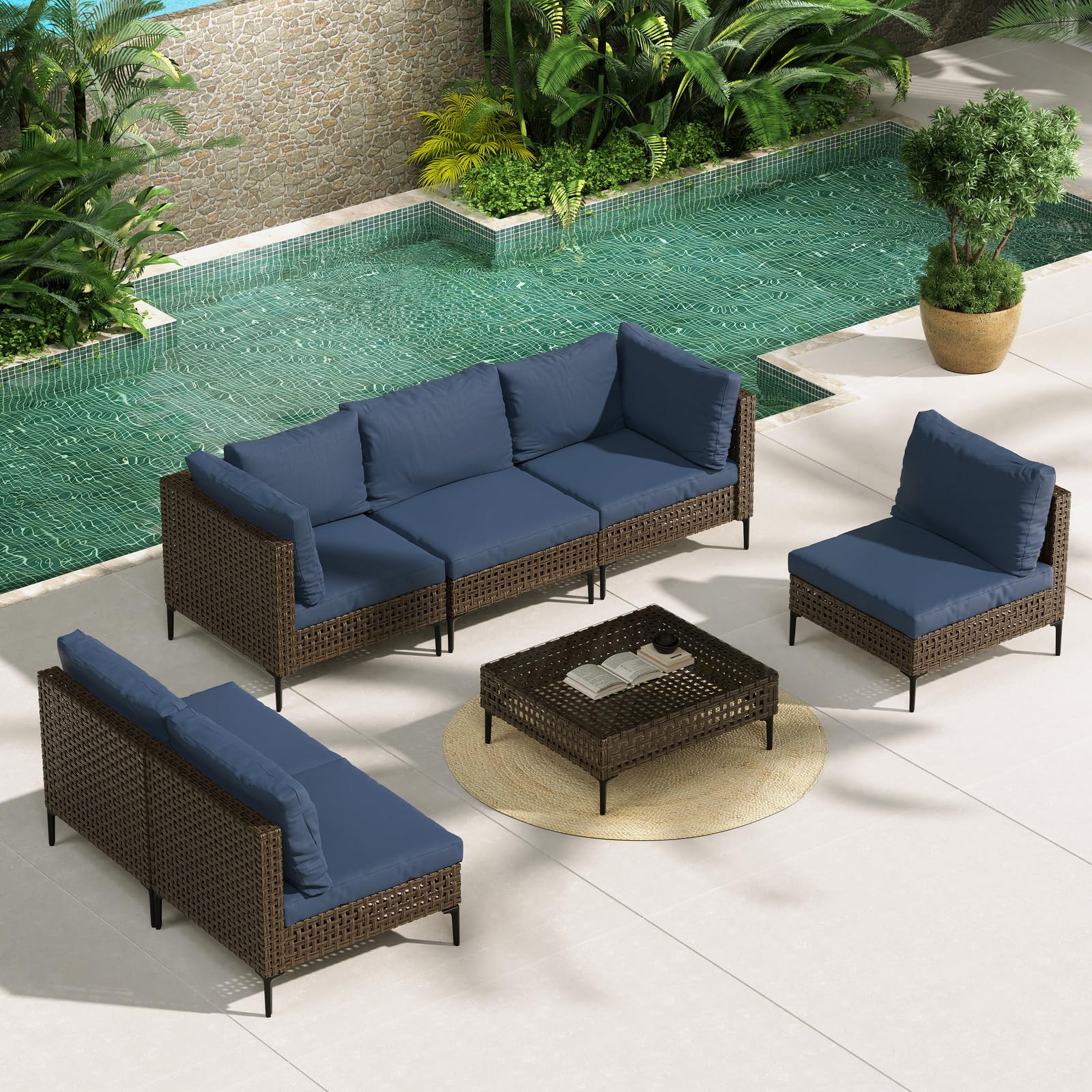 Boho Wicker Outdoor Conversation Set Sectional Sofa 7-Piece Wicker Patio Furniture