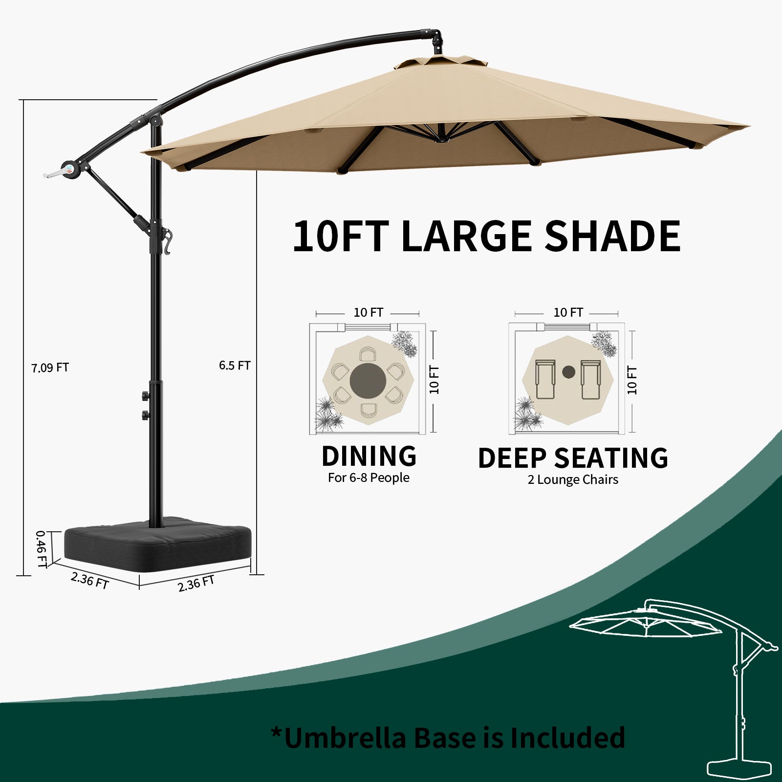 Olilawn 10ft Patio Umbrella with Base, Outdoor Large Round Offset Cantilever Umbrella, Champagne-OL-HT032