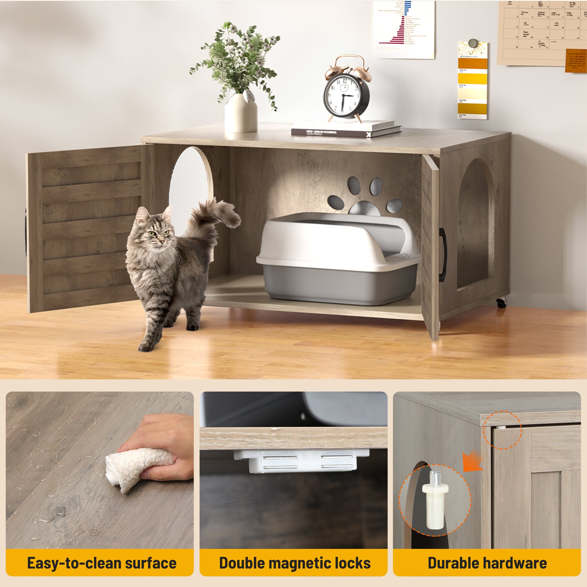 All-in-One Cat Litter Box Enclosure – Modern Hidden Furniture for Litter & Cat Bed EJ-EN010