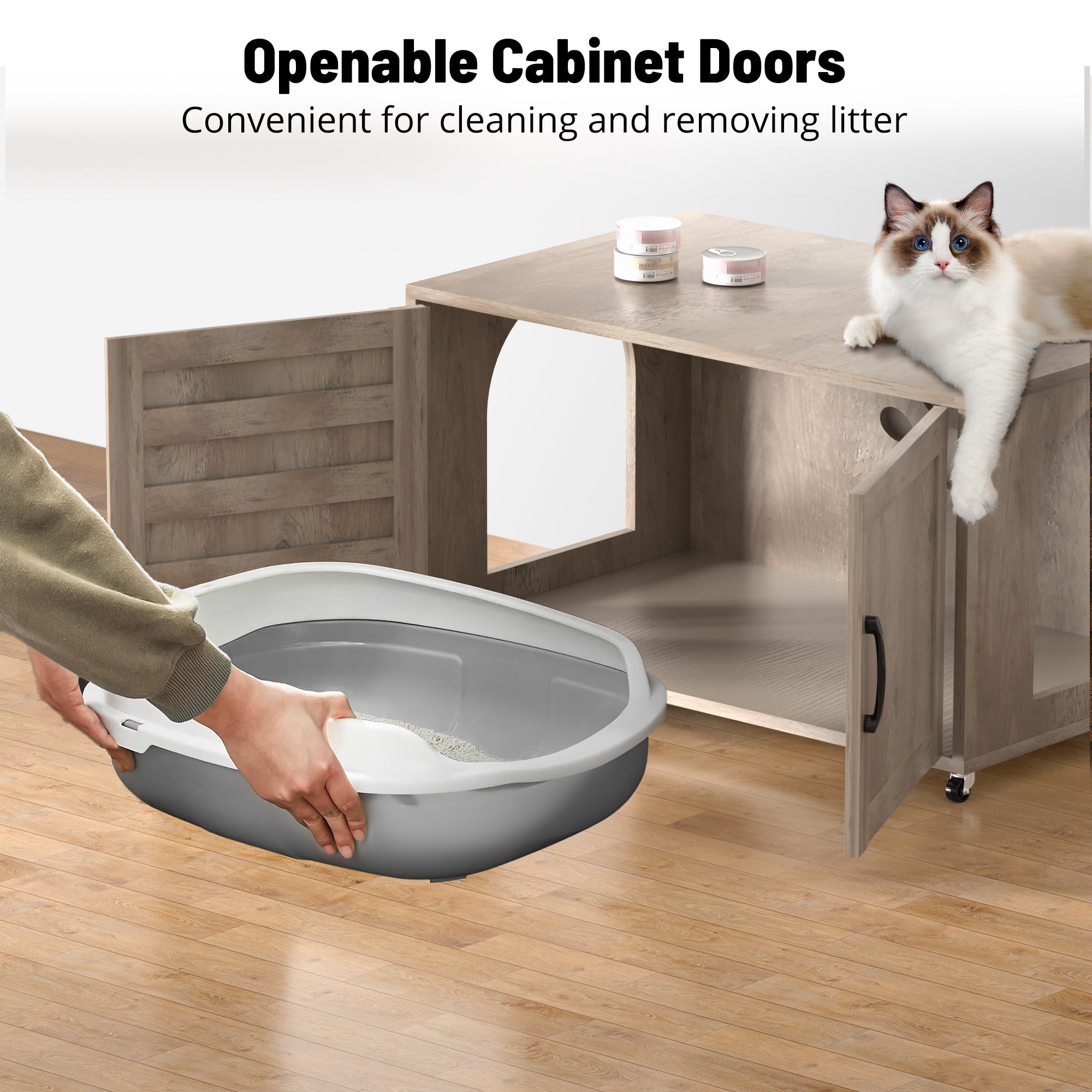 All-in-One Cat Litter Box Enclosure – Modern Hidden Furniture for Litter & Cat Bed EJ-EN010