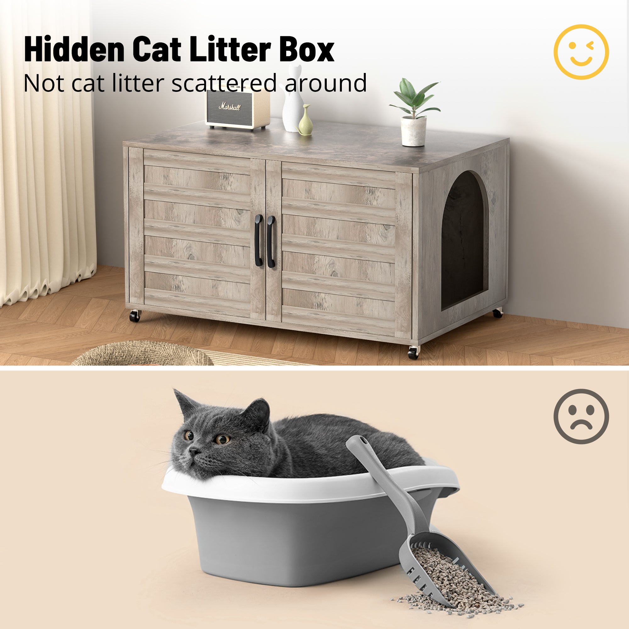 All-in-One Cat Litter Box Enclosure – Modern Hidden Furniture for Litter & Cat Bed EJ-EN010