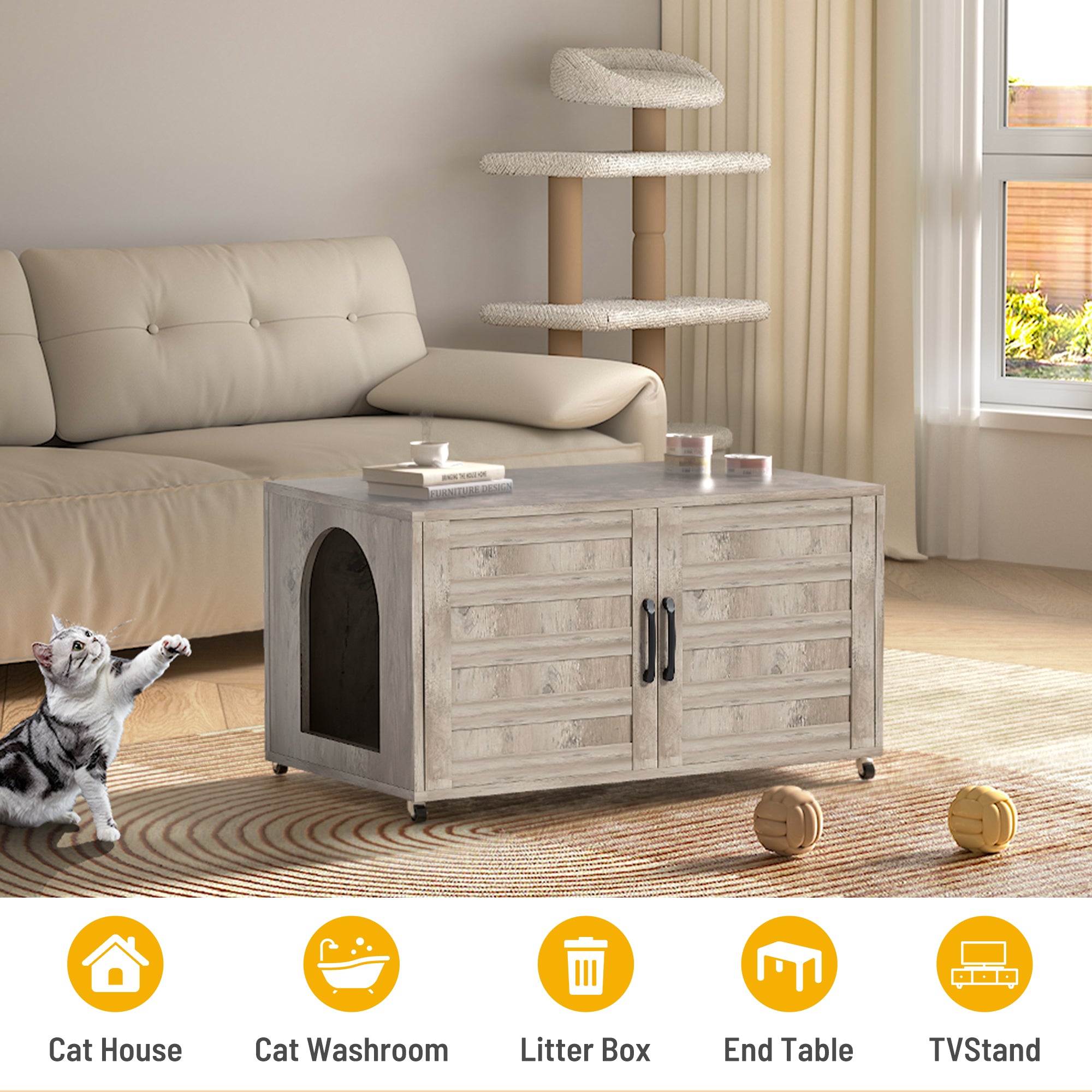 All-in-One Cat Litter Box Enclosure – Modern Hidden Furniture for Litter & Cat Bed EJ-EN010