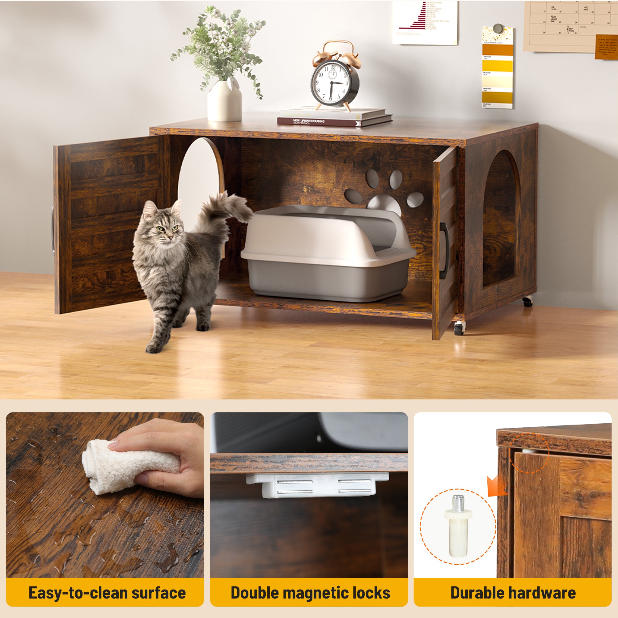 All-in-One Cat Litter Box Enclosure – Modern Hidden Furniture for Litter & Cat Bed EJ-EN010
