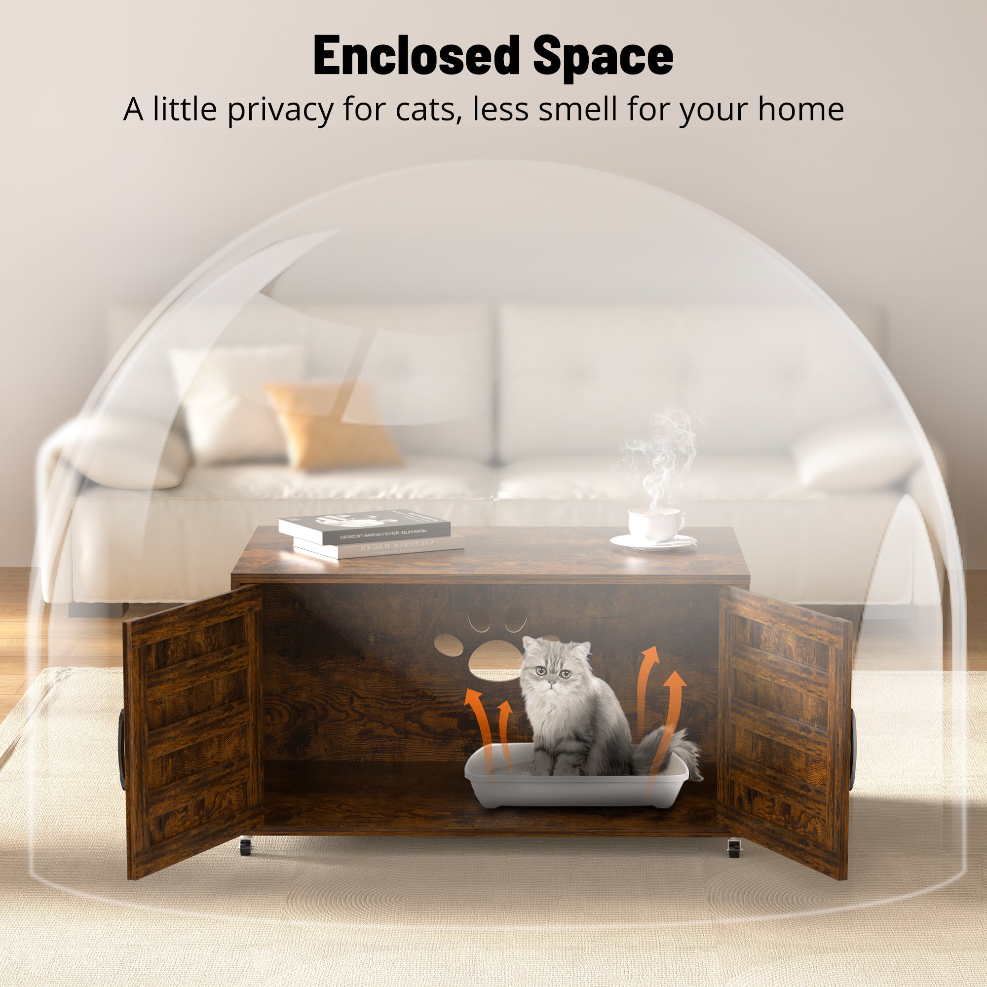 All-in-One Cat Litter Box Enclosure – Modern Hidden Furniture for Litter & Cat Bed EJ-EN010