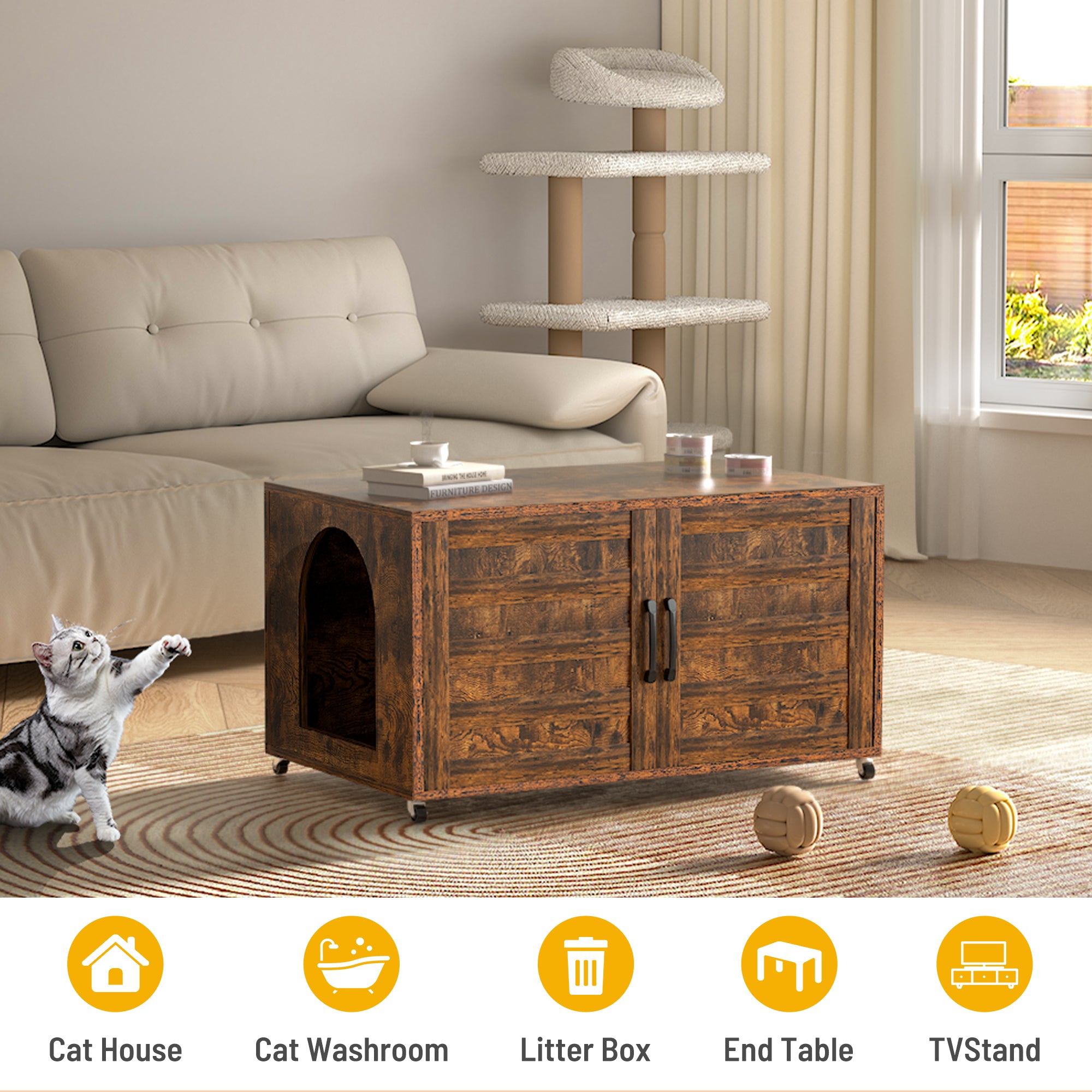 All-in-One Cat Litter Box Enclosure – Modern Hidden Furniture for Litter & Cat Bed EJ-EN010