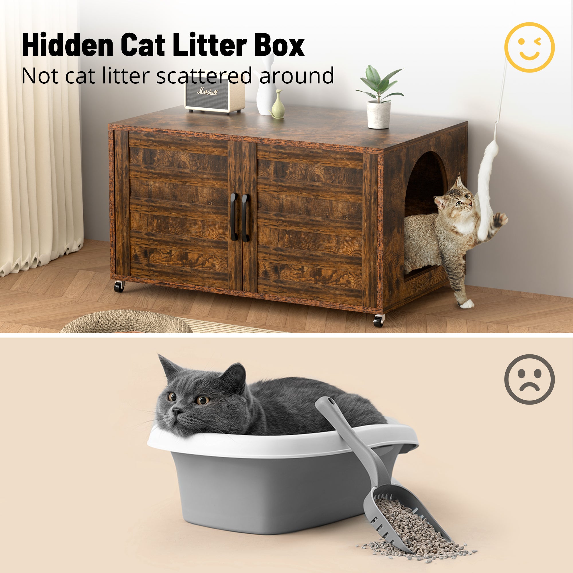 All-in-One Cat Litter Box Enclosure – Modern Hidden Furniture for Litter & Cat Bed EJ-EN010