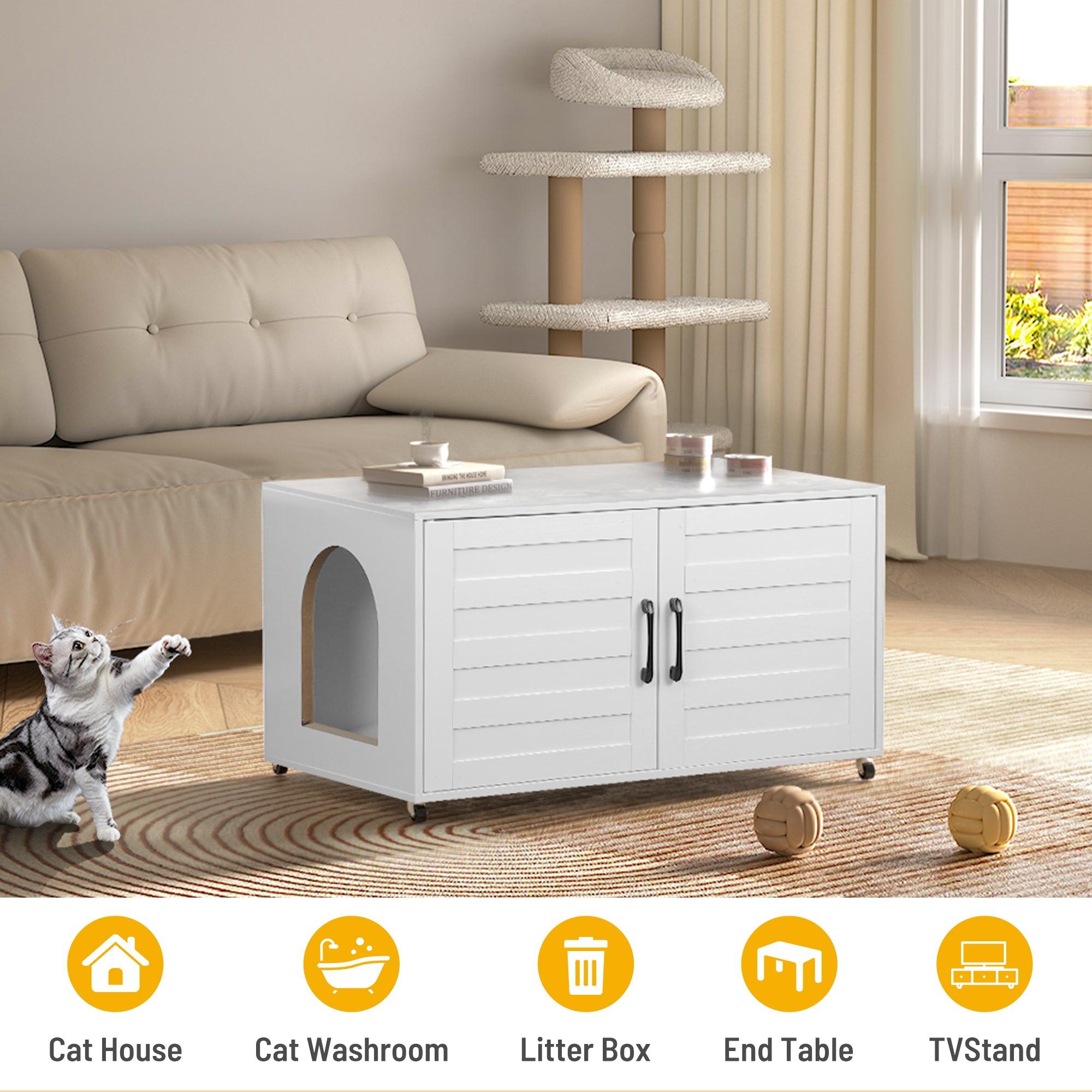 All-in-One Cat Litter Box Enclosure – Modern Hidden Furniture for Litter & Cat Bed EJ-EN010