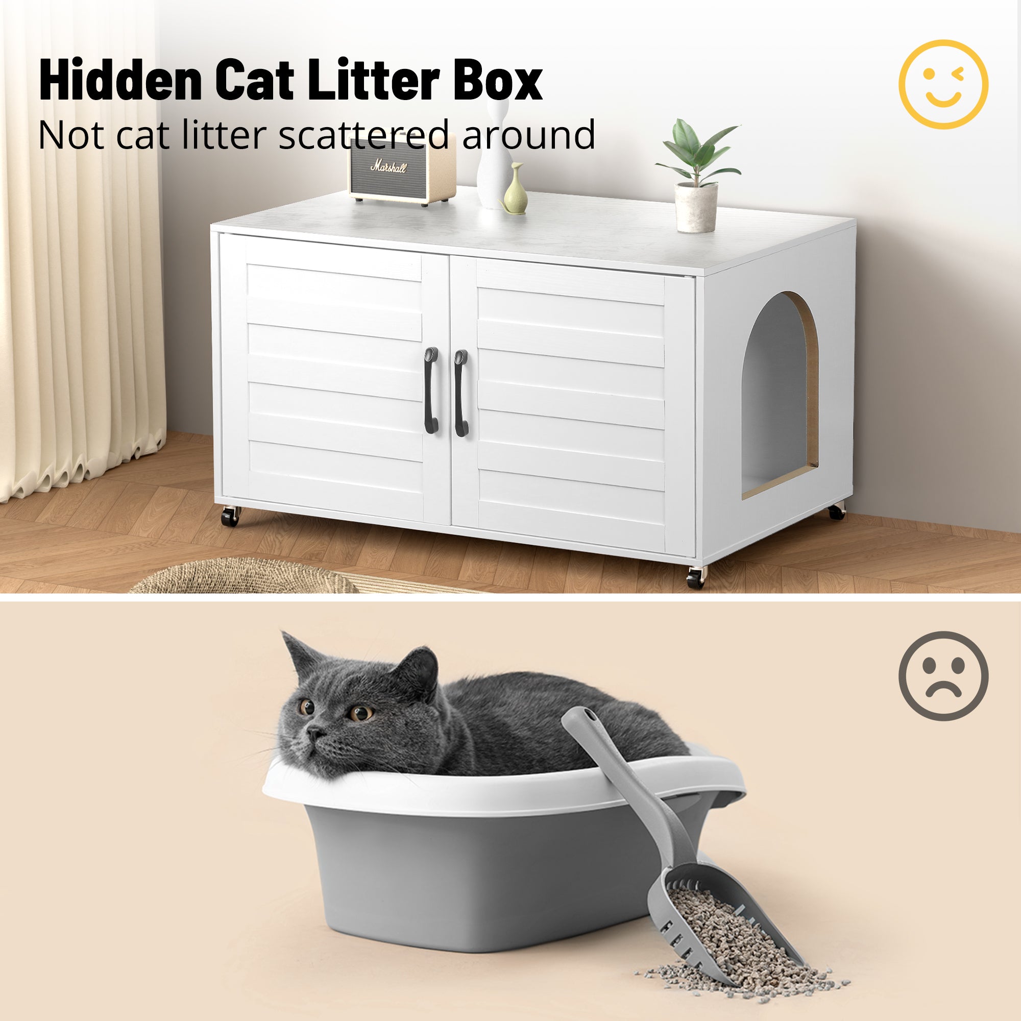 All-in-One Cat Litter Box Enclosure – Modern Hidden Furniture for Litter & Cat Bed EJ-EN010