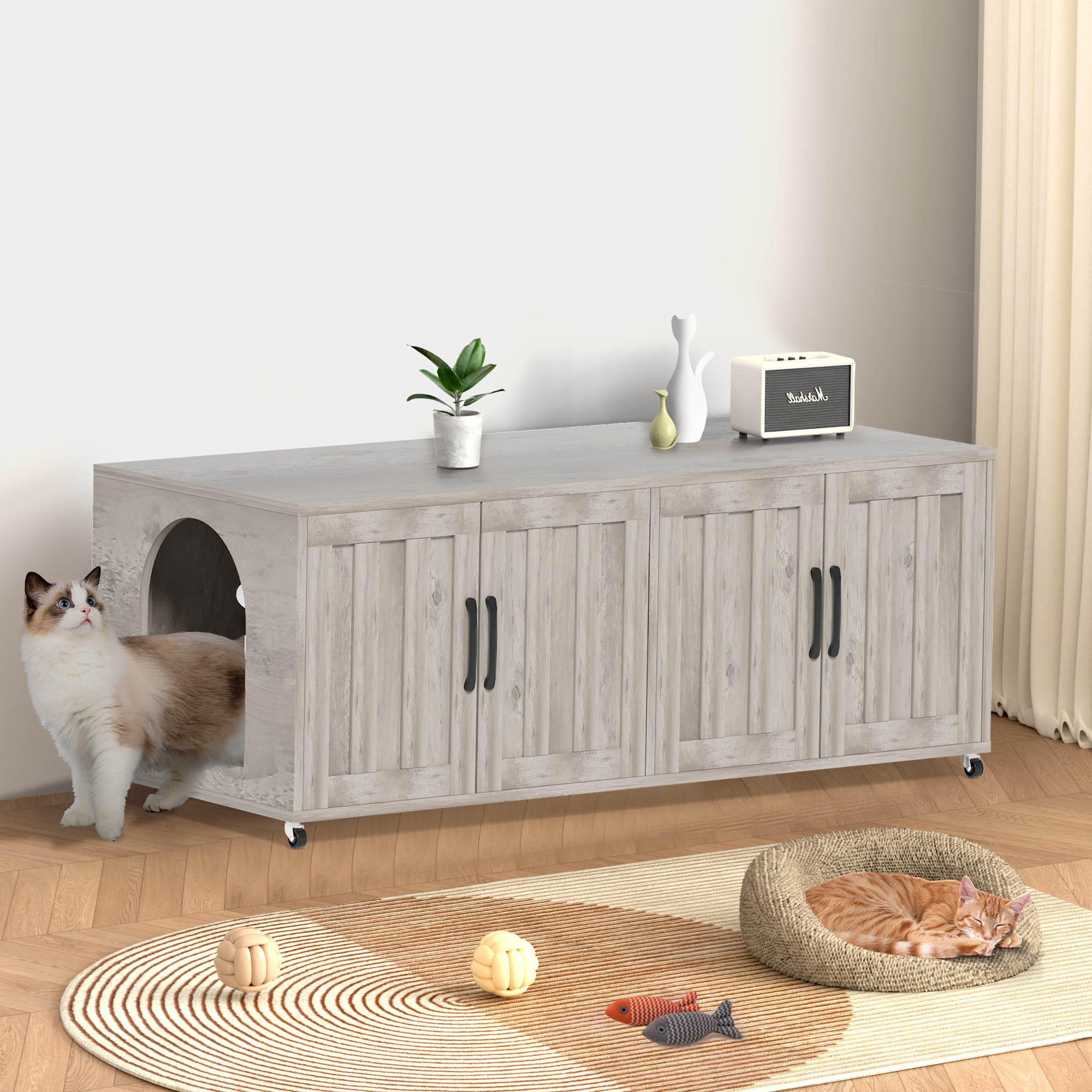 All-in-One Cat Litter Box Enclosure with Double Rooms – Modern Large Hidden Furniture for Litter & Cat Bed EJ-EN009