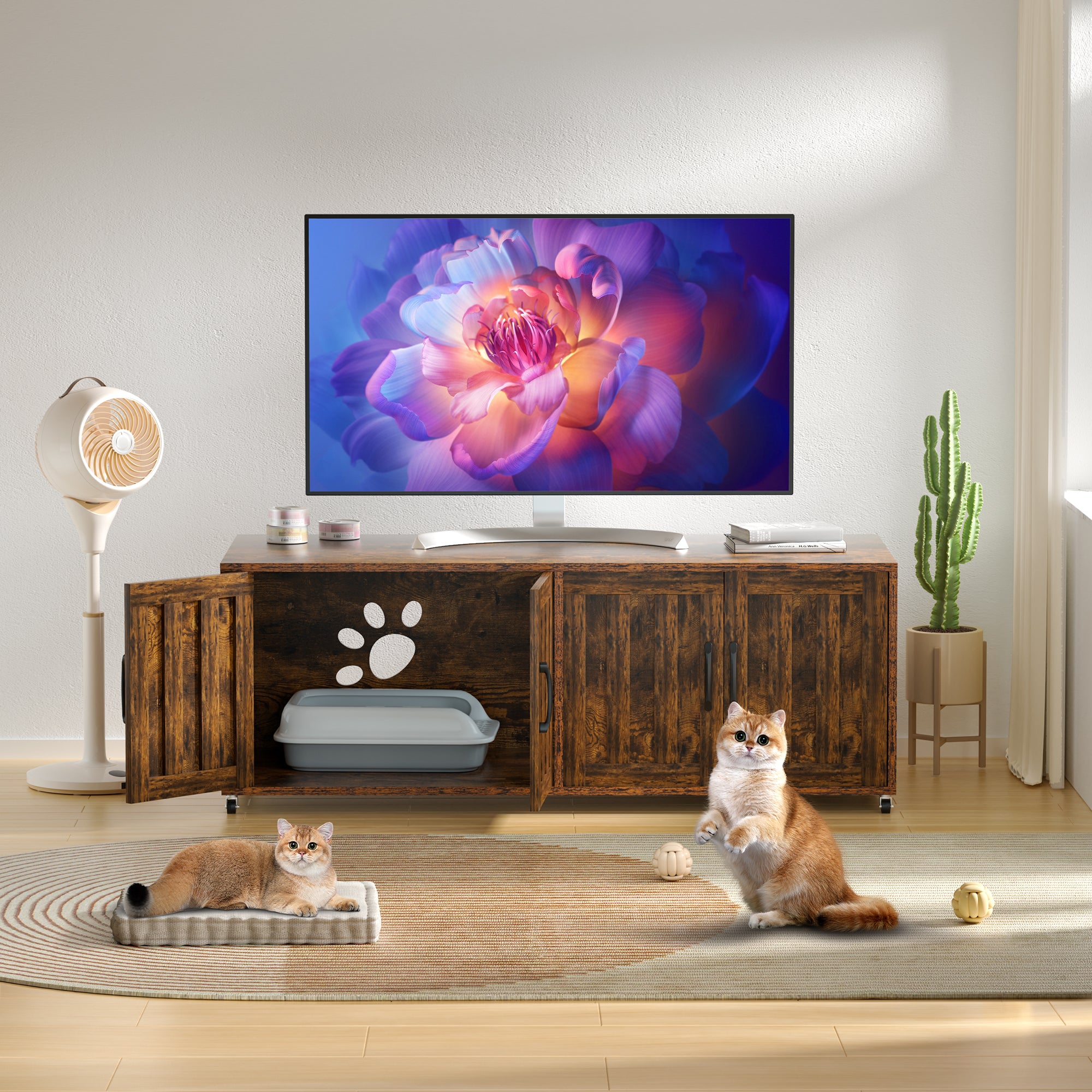 All-in-One Cat Litter Box Enclosure with Double Rooms – Modern Large Hidden Furniture for Litter & Cat Bed EJ-EN009
