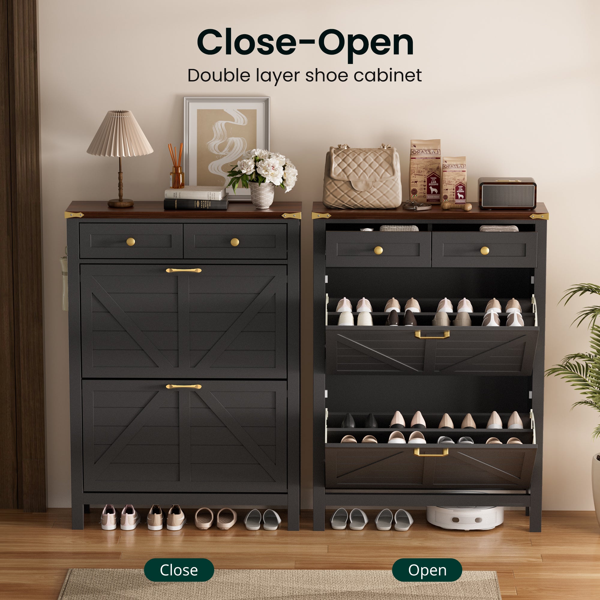 Compact Shoe Storage Cabinet with 2 Flip Drawers and 2 Drawers for Keys & Wallets - Ideal for Narrow Spaces, EN001