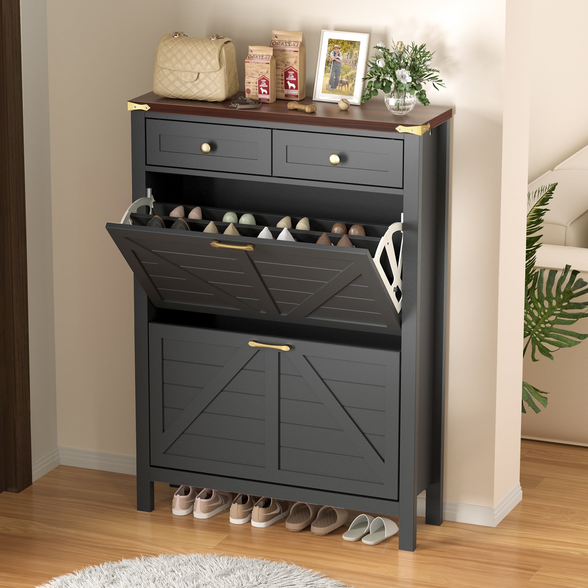 Compact Shoe Storage Cabinet with 2 Flip Drawers and 2 Drawers for Keys & Wallets - Ideal for Narrow Spaces, EN001