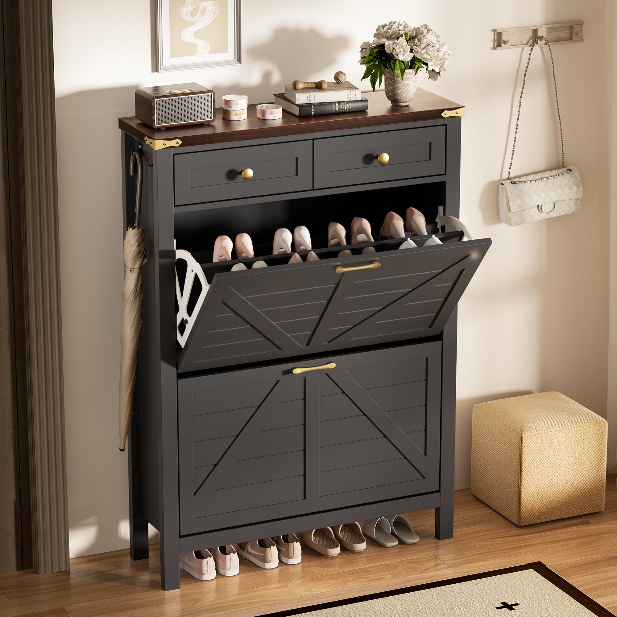 Compact Shoe Storage Cabinet with 2 Flip Drawers and 2 Drawers for Keys & Wallets - Ideal for Narrow Spaces, EN001