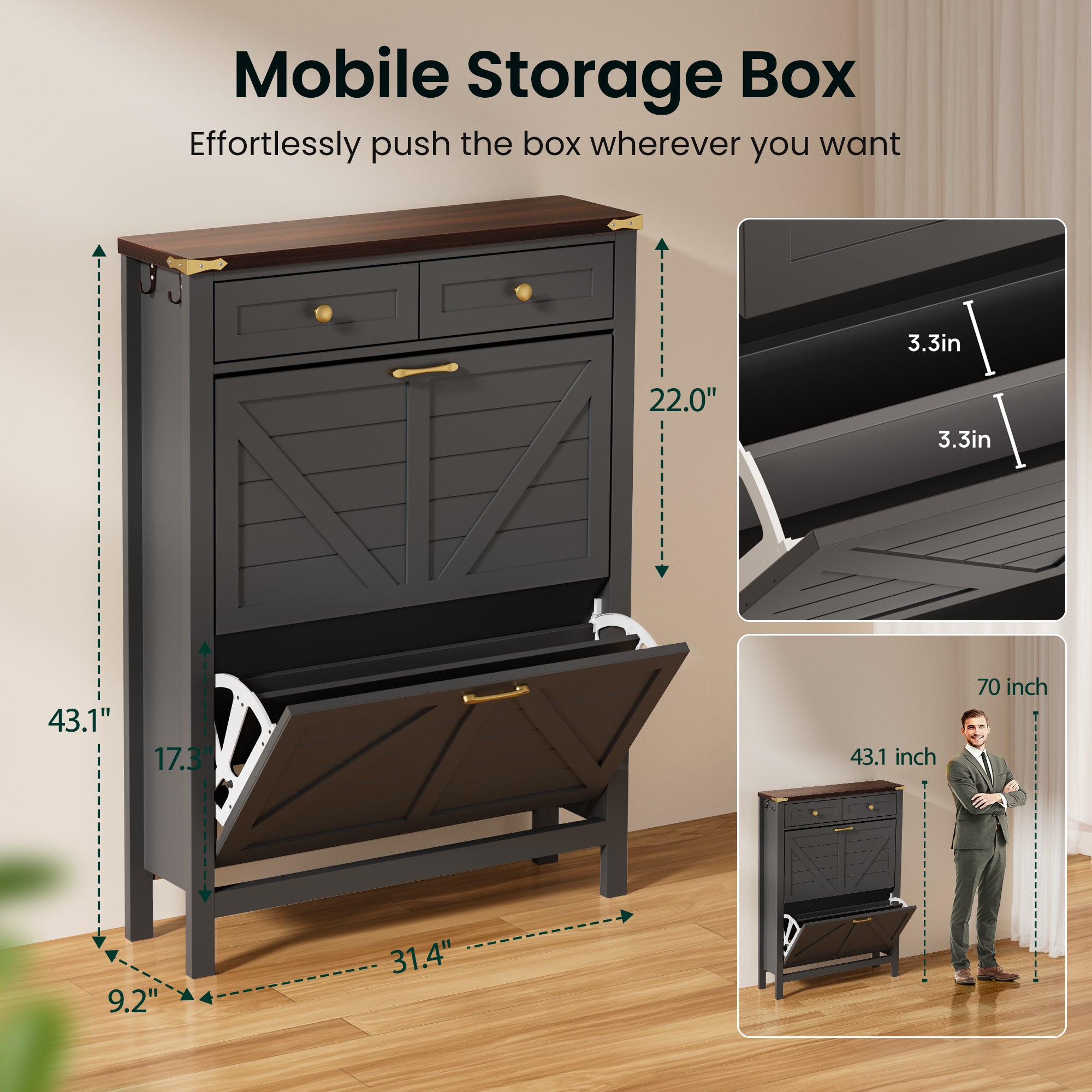 Compact Shoe Storage Cabinet with 2 Flip Drawers and 2 Drawers for Keys & Wallets - Ideal for Narrow Spaces, EN001