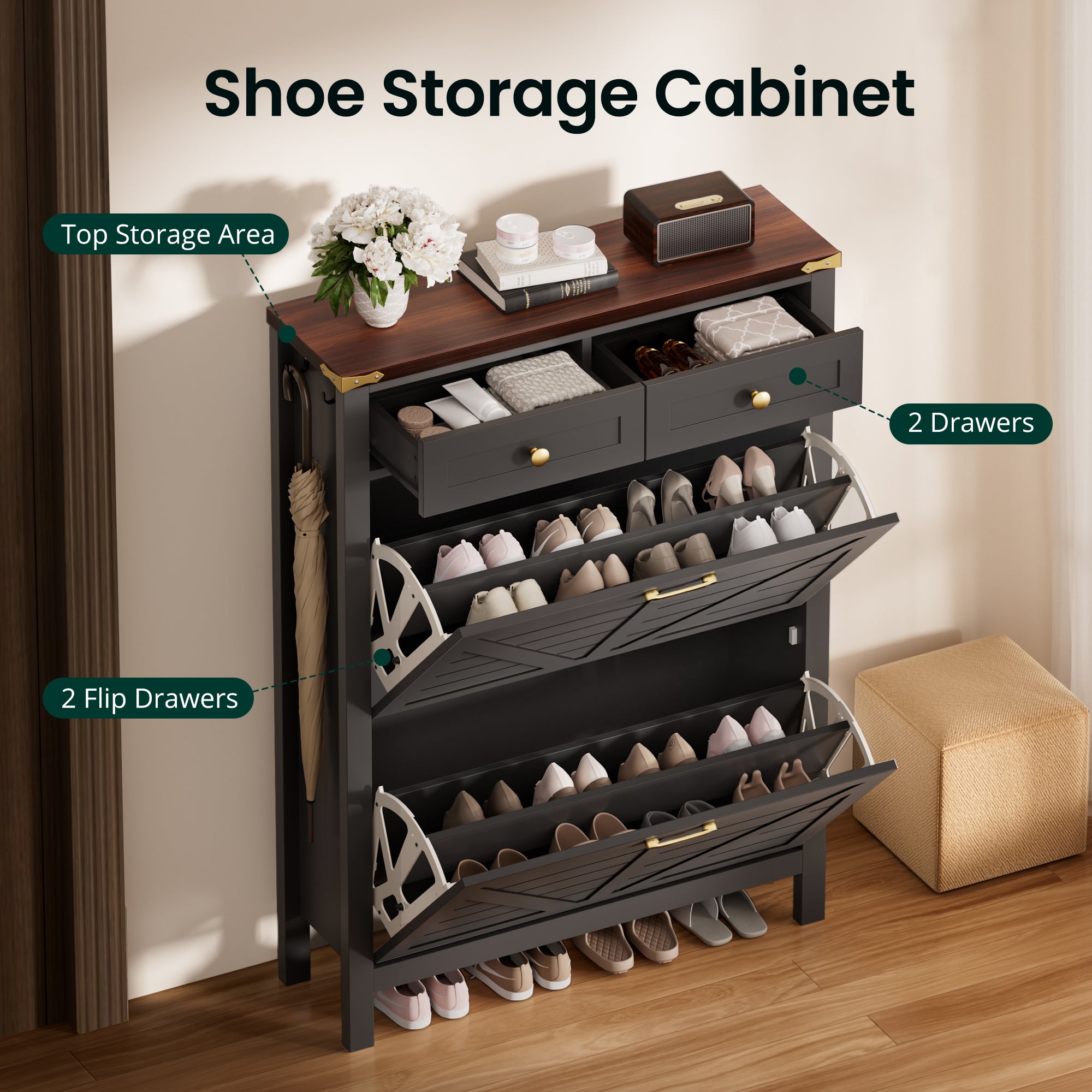 Compact Shoe Storage Cabinet with 2 Flip Drawers and 2 Drawers for Keys & Wallets - Ideal for Narrow Spaces, EN001