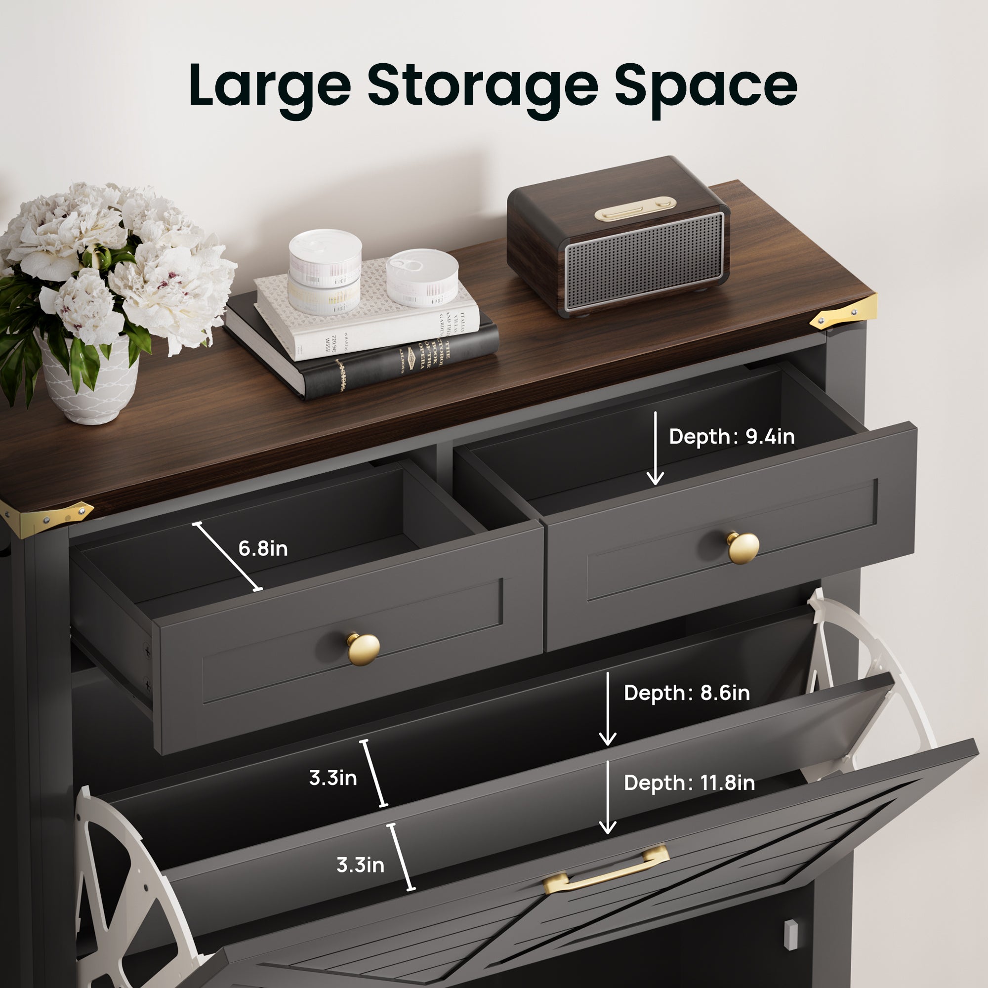 Compact Shoe Storage Cabinet with 2 Flip Drawers and 2 Drawers for Keys & Wallets - Ideal for Narrow Spaces, EN001