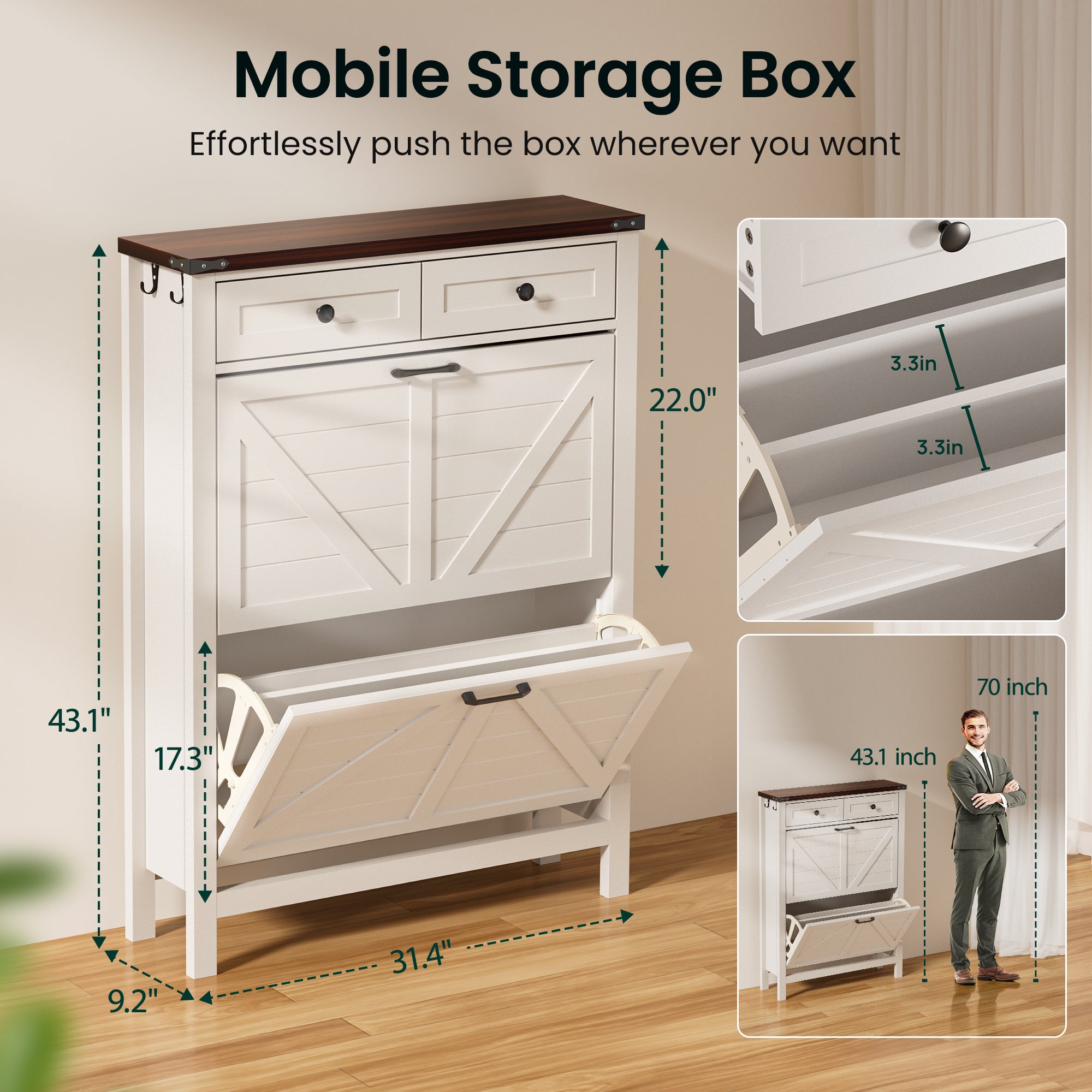 Compact Shoe Storage Cabinet with 2 Flip Drawers and 2 Drawers for Keys & Wallets - Ideal for Narrow Spaces, EN001