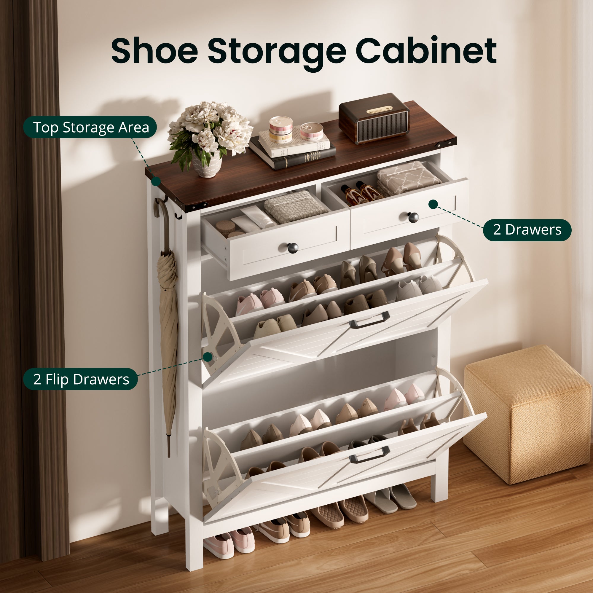 Compact Shoe Storage Cabinet with 2 Flip Drawers and 2 Drawers for Keys & Wallets - Ideal for Narrow Spaces, EN001
