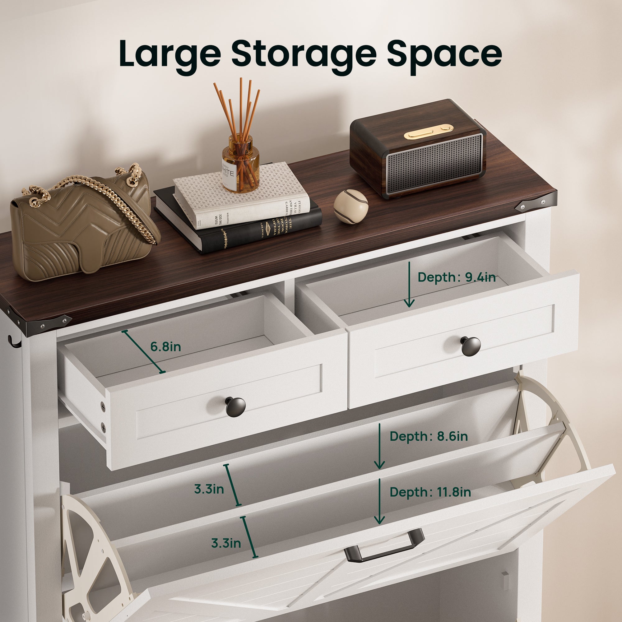 Compact Shoe Storage Cabinet with 2 Flip Drawers and 2 Drawers for Keys & Wallets - Ideal for Narrow Spaces, EN001