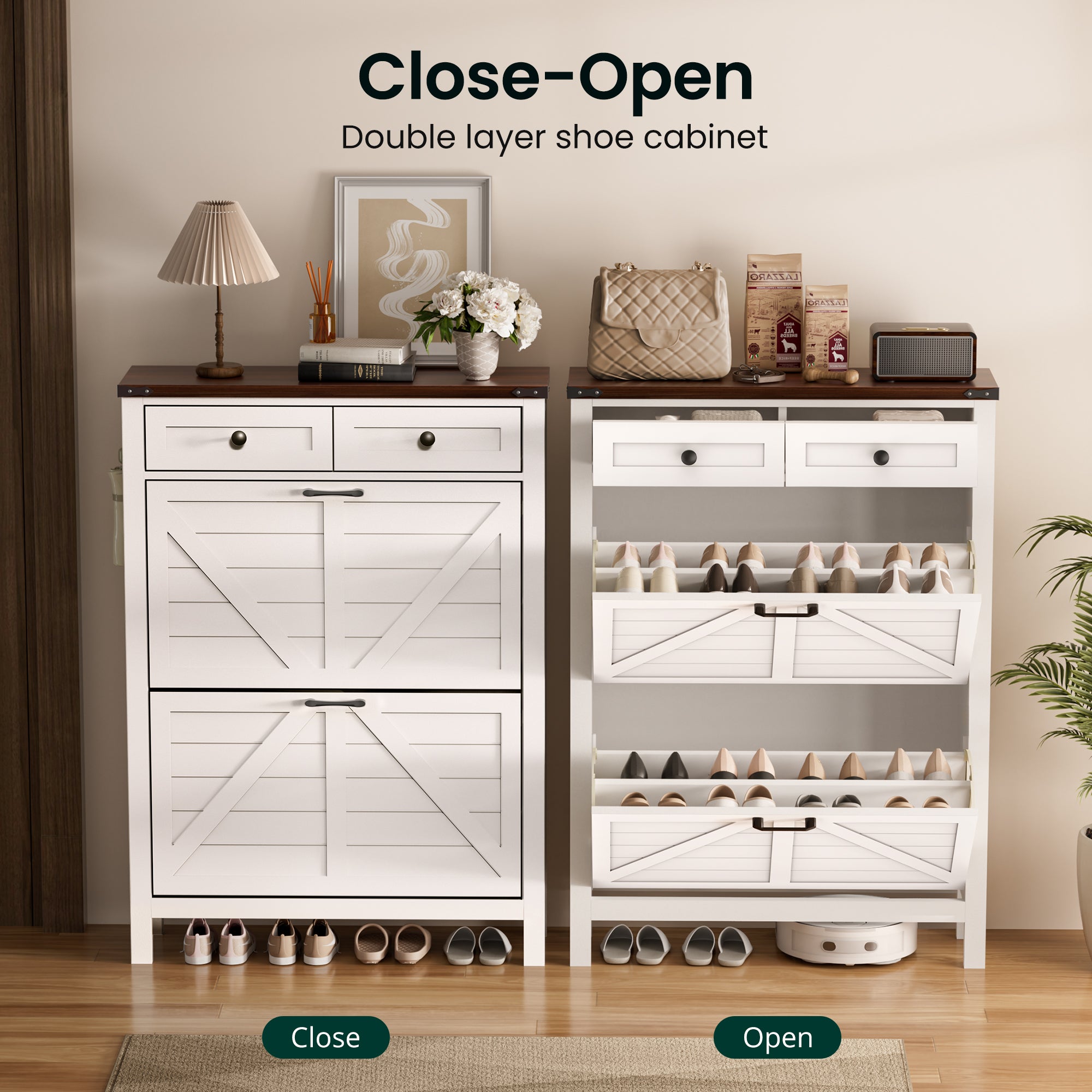 Compact Shoe Storage Cabinet with 2 Flip Drawers and 2 Drawers for Keys & Wallets - Ideal for Narrow Spaces, EN001