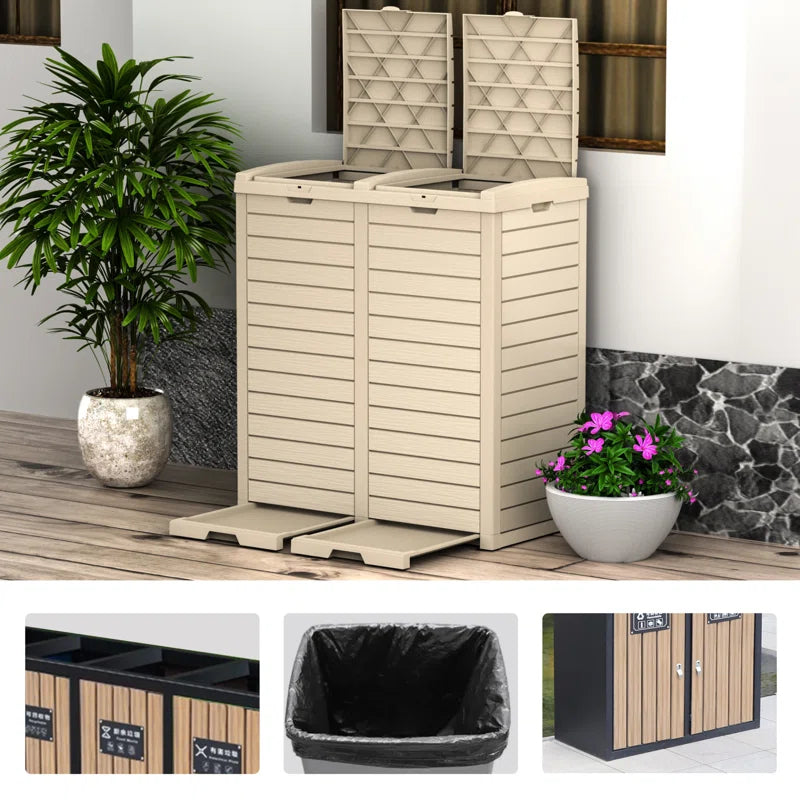 62 Gallon Dual Outdoor Trash Can with Lid-Brown