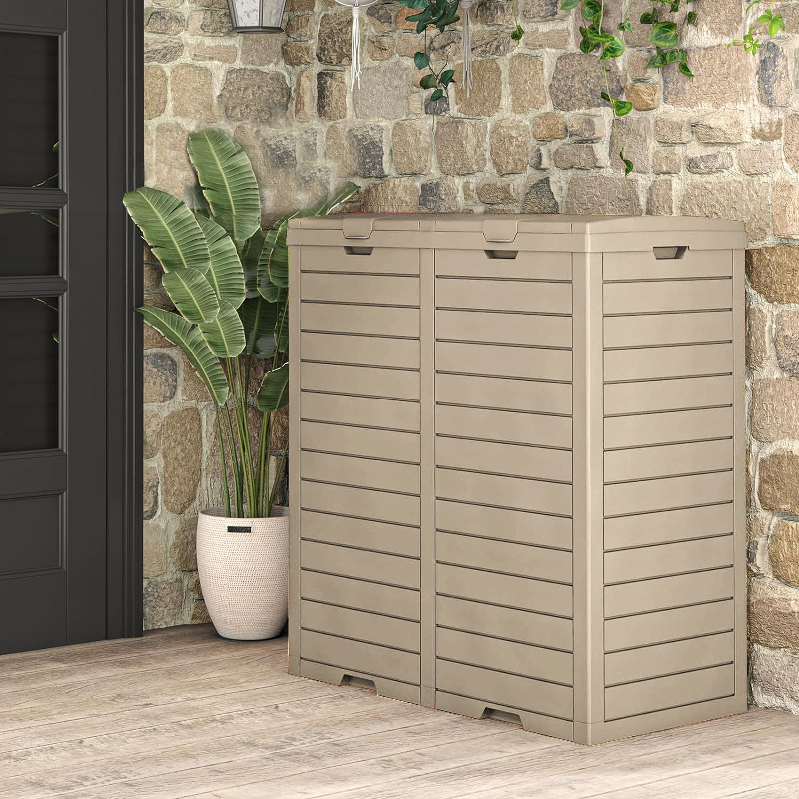 62 Gallon Dual Outdoor Trash Can with Lid-Brown