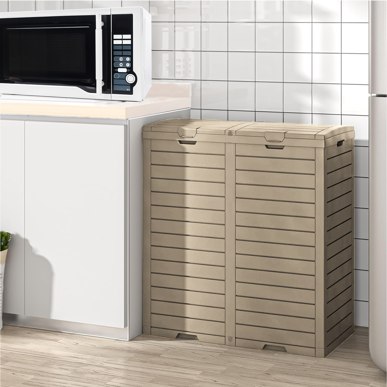62 Gallon Dual Outdoor Trash Can with Lid-Brown