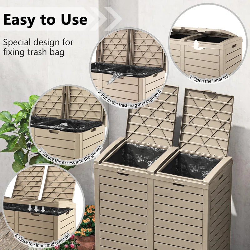 62 Gallon Dual Outdoor Trash Can with Lid-Brown