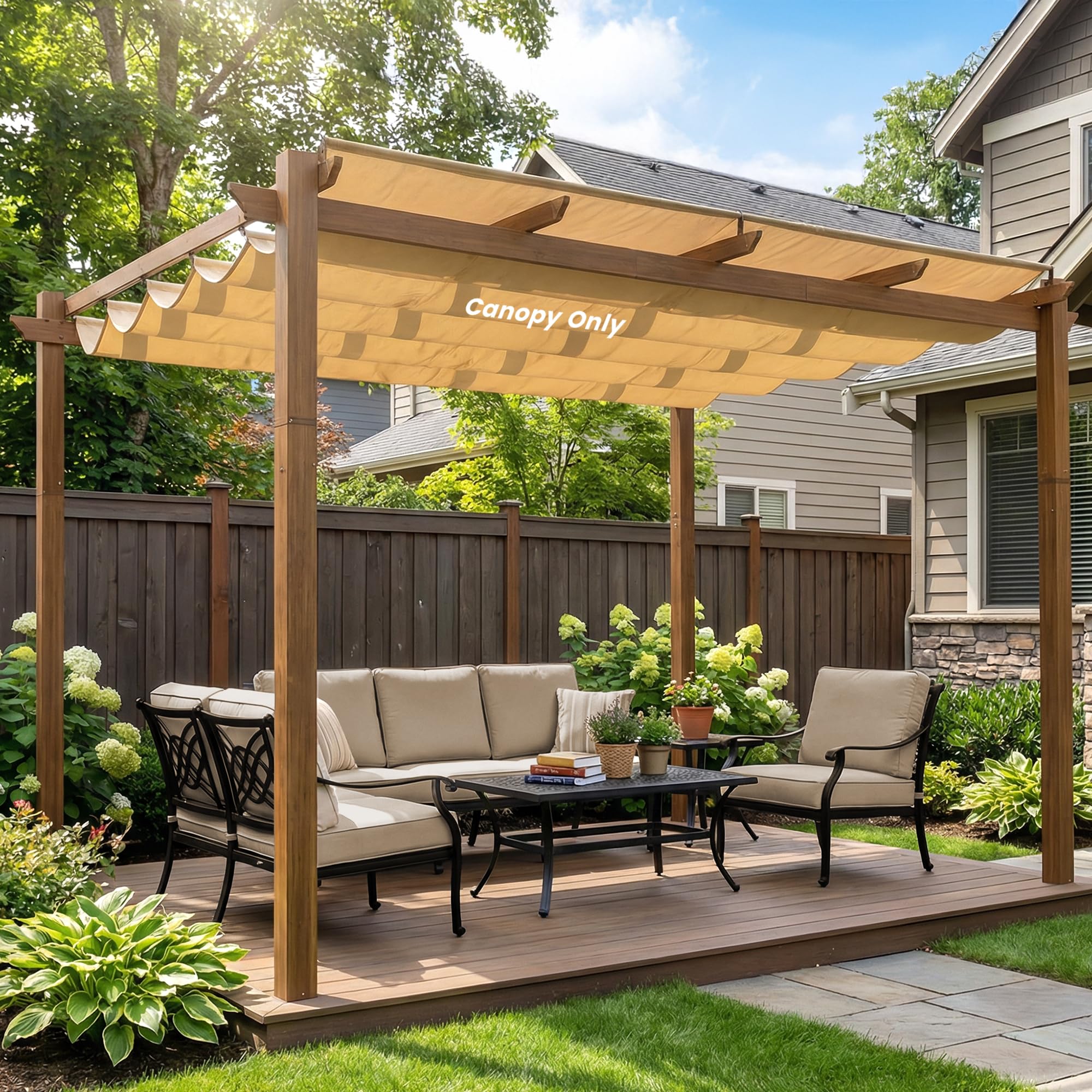 Pergola Shade Cover, OL-HT024 10' X 13' Outdoor Retractable Pergola with Sun-Protection, Durable Replacement Canopy for Garden Porch, Khaki