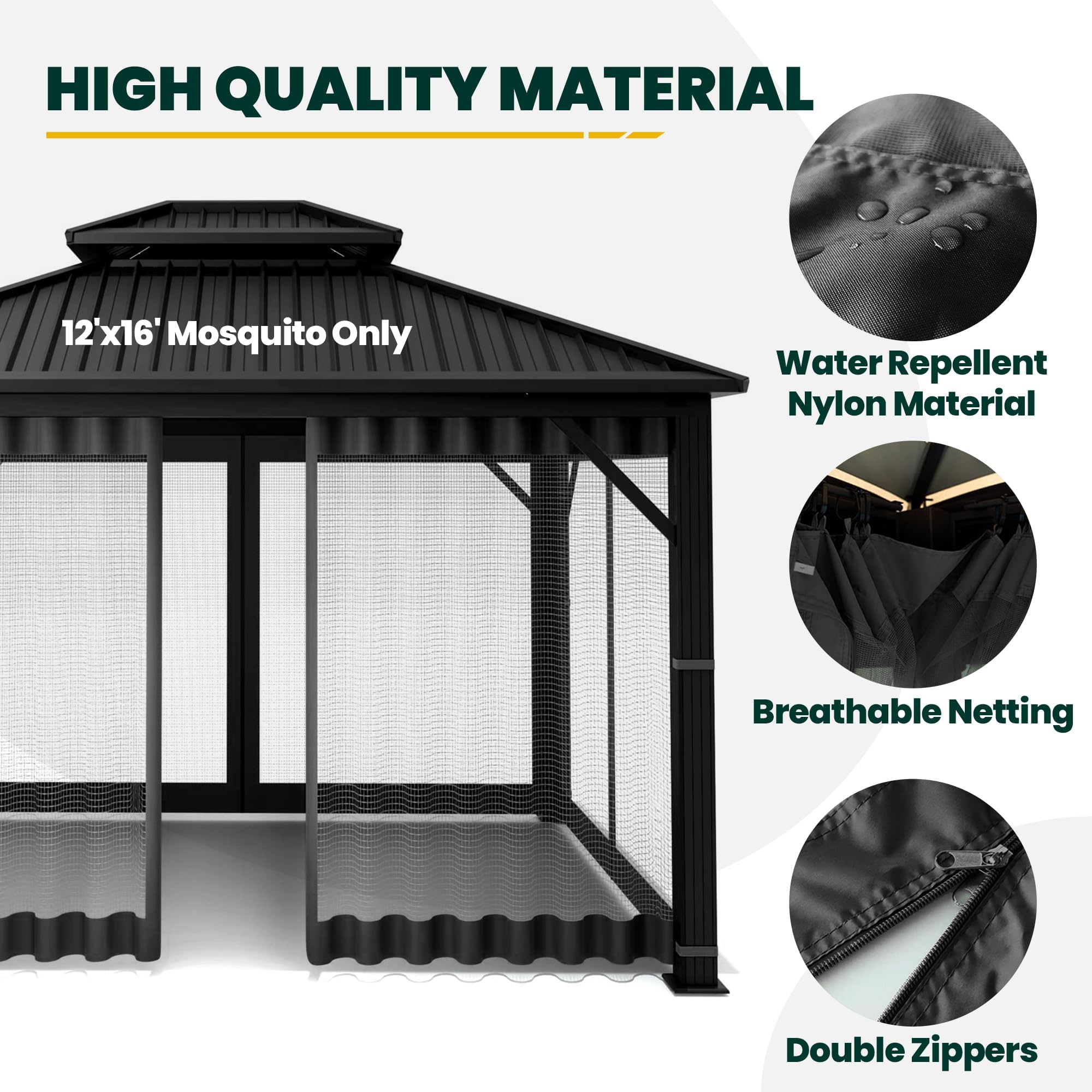 OLILAWN Gazebo Universal Replacement Mosquito Netting, 10' x 10' Outdoor Canopy Net Screen 4-Panel Sidewall Curtain, with Zippers, Easy to Install, Fit for Most Gazebo 10x10 Canopy, Black