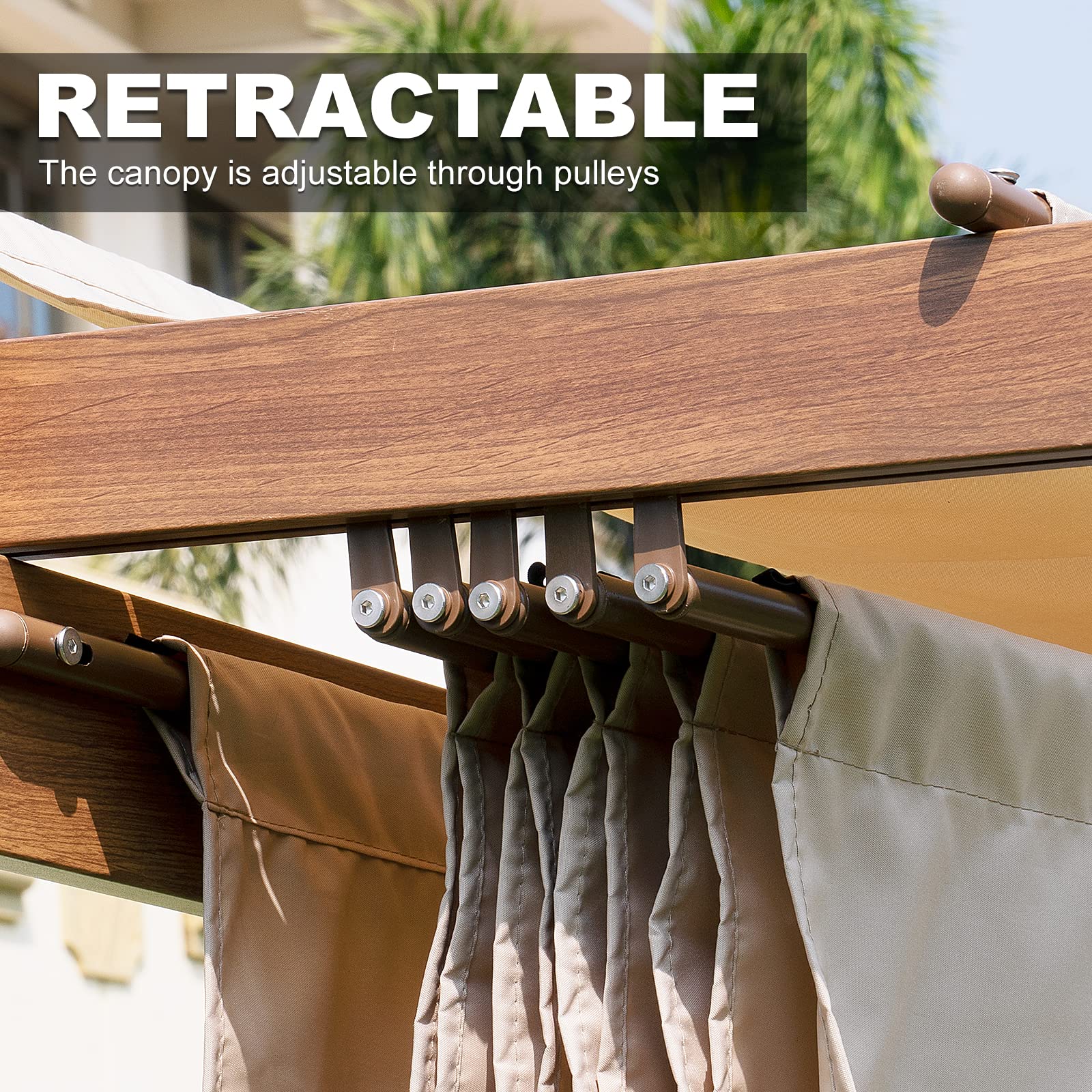Pergola Shade Cover, OL-HT024 10' X 13' Outdoor Retractable Pergola with Sun-Protection, Durable Replacement Canopy for Garden Porch, Khaki
