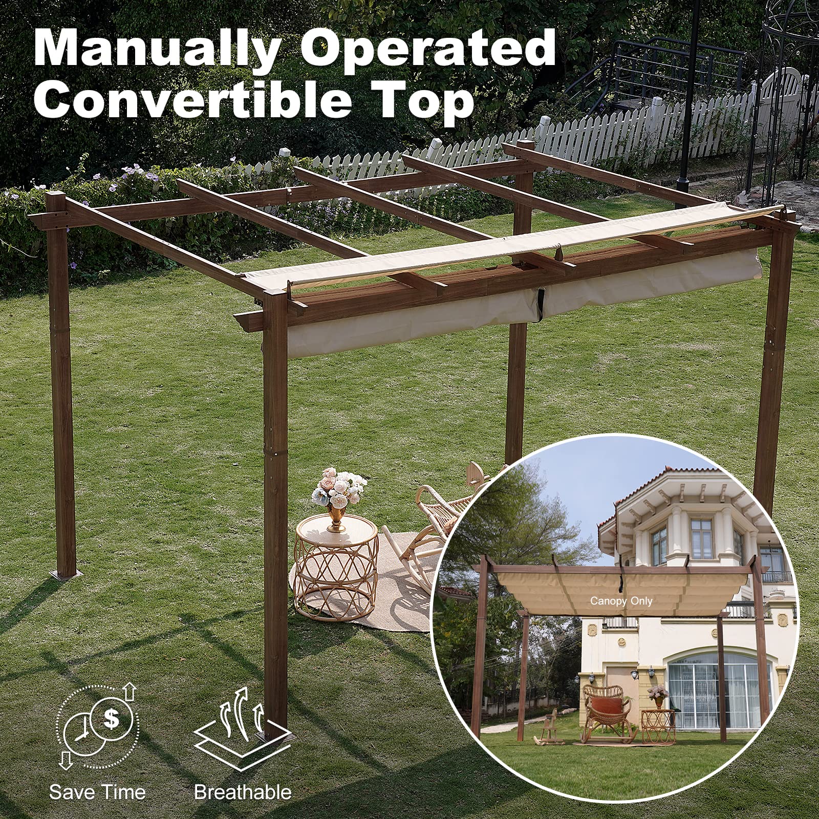 Pergola Shade Cover, OL-HT024 10' X 13' Outdoor Retractable Pergola with Sun-Protection, Durable Replacement Canopy for Garden Porch, Khaki