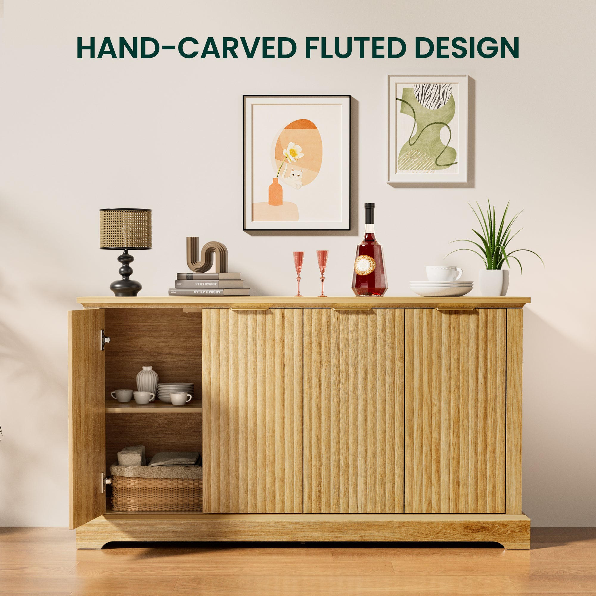 Mid Century Modern Oak Fluted Sideboard Buffet Cabinet with 4 Doors, DRF001