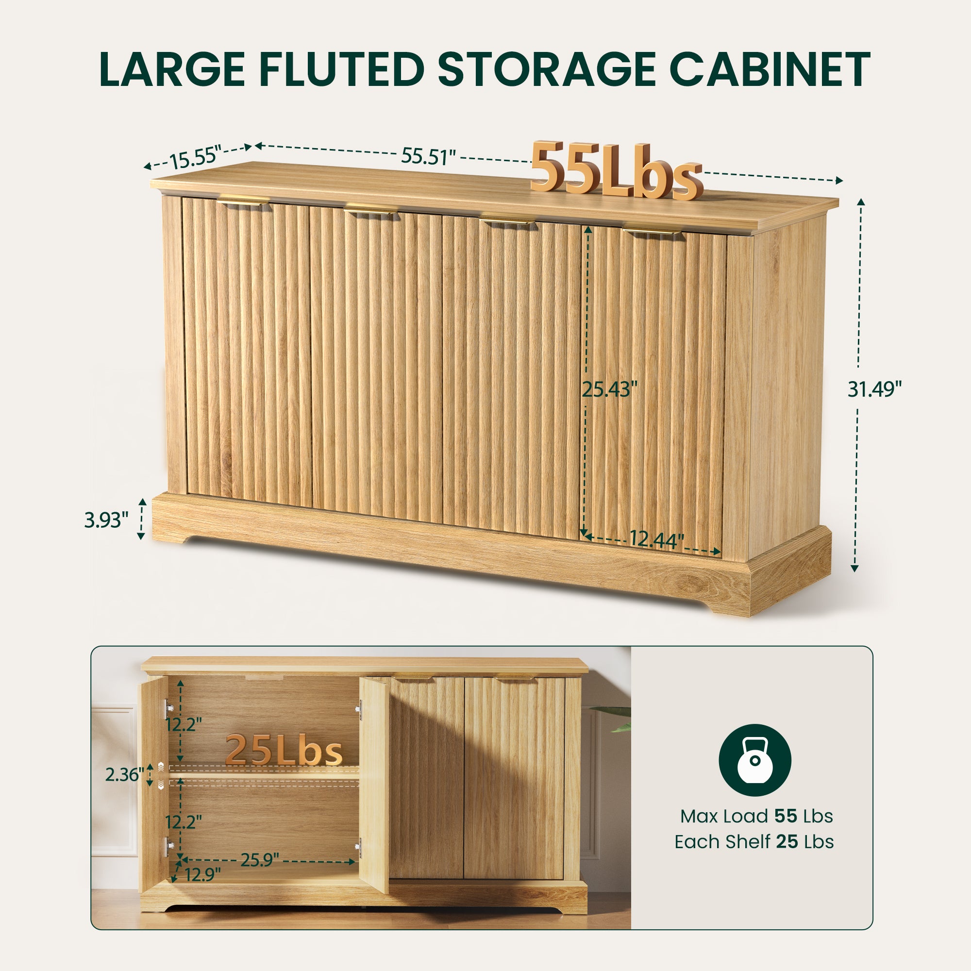 Mid Century Modern Oak Fluted Sideboard Buffet Cabinet with 4 Doors, DRF001