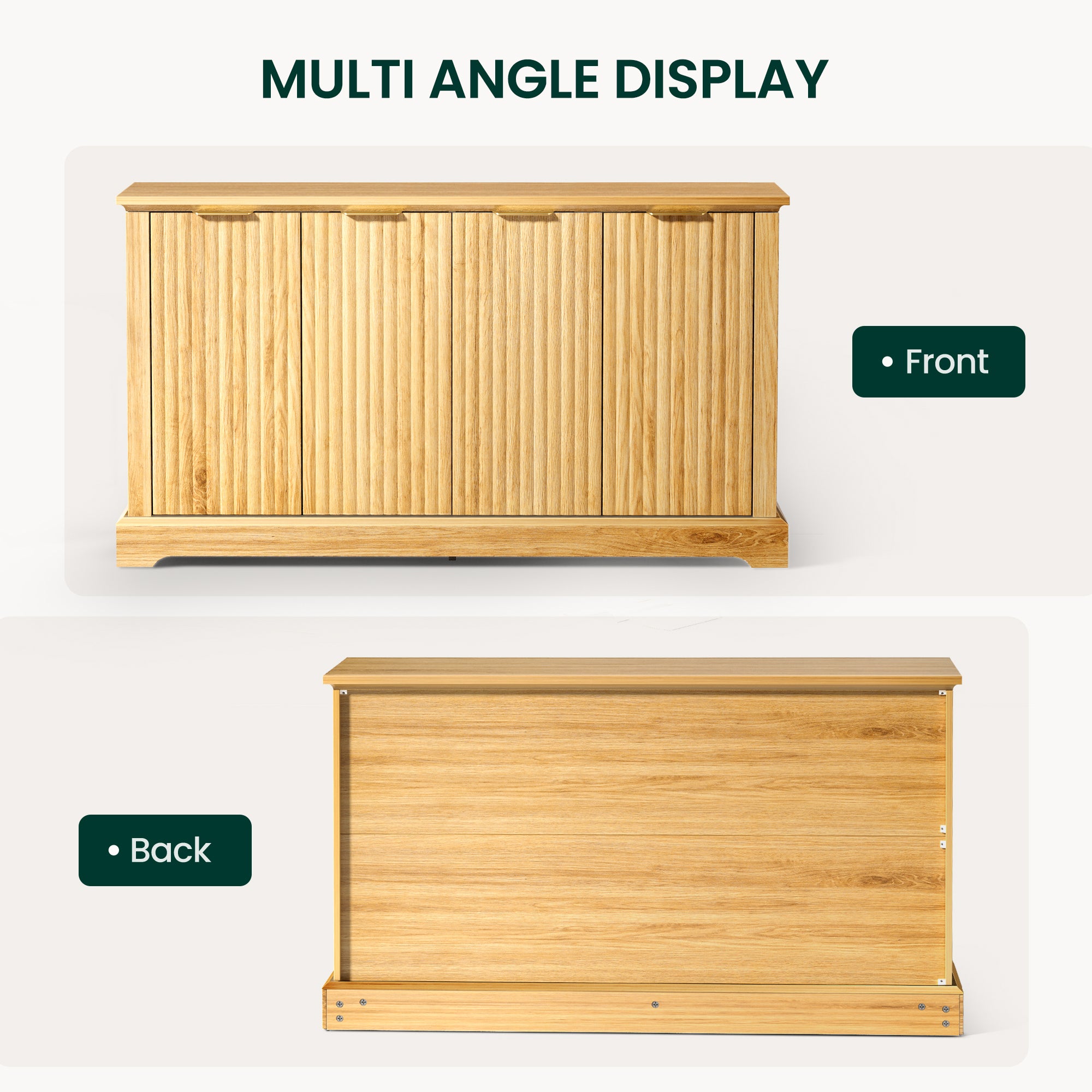 Mid Century Modern Oak Fluted Sideboard Buffet Cabinet with 4 Doors, DRF001