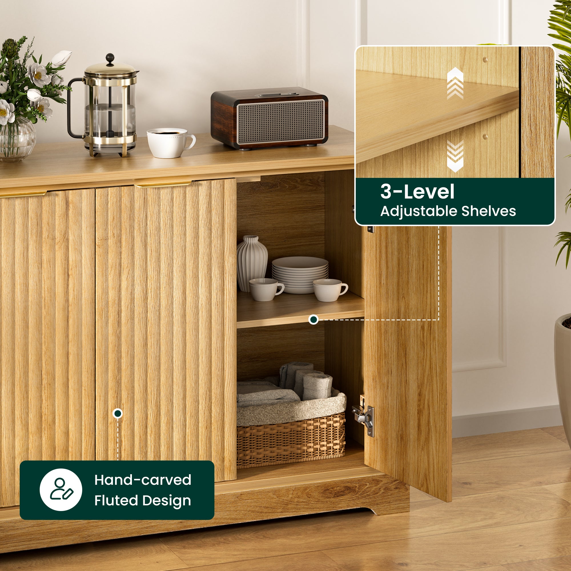 Mid Century Modern Oak Fluted Sideboard Buffet Cabinet with 4 Doors, DRF001