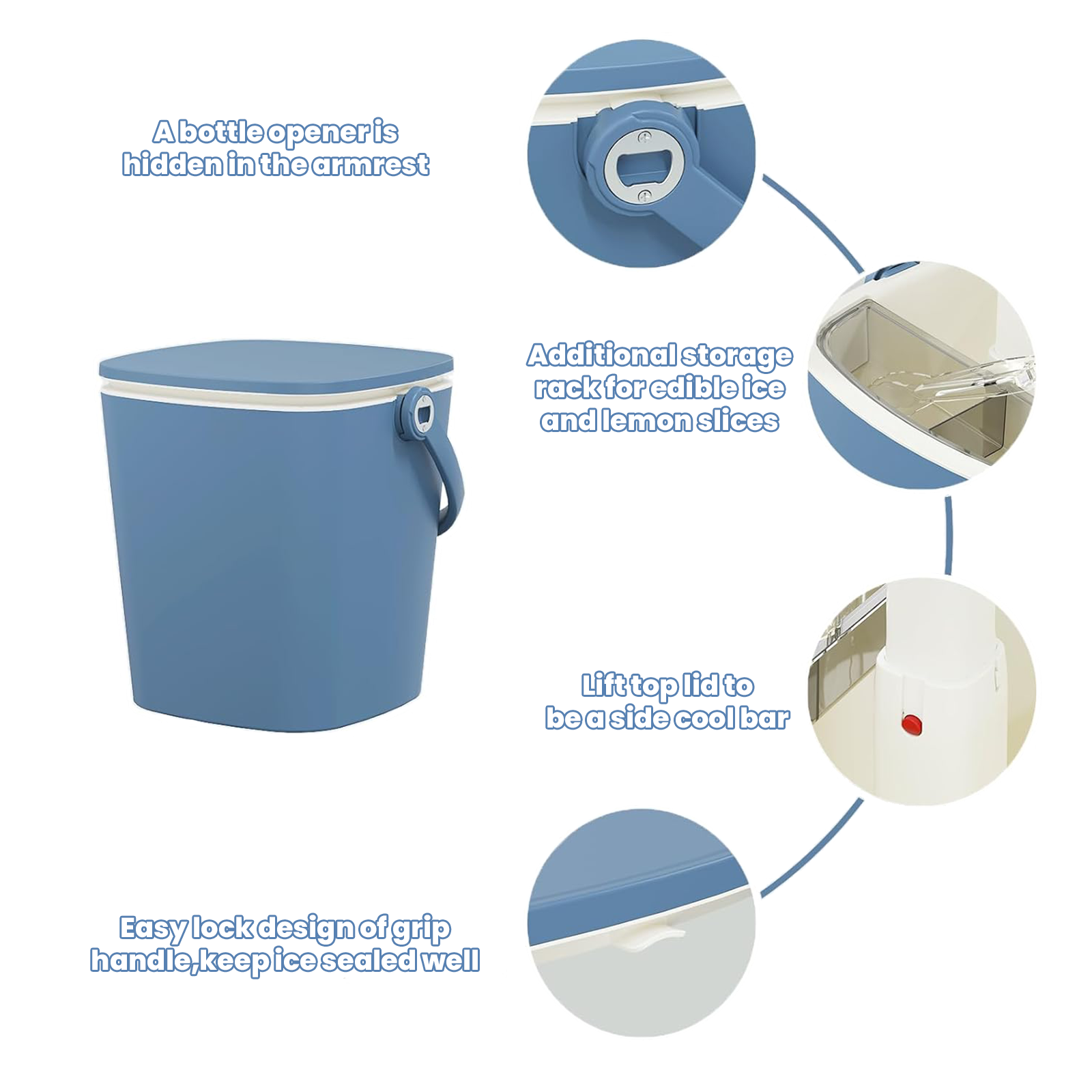 the blue outdoor ice bucket table has a bottle openeris hidden in the armrest and is easy locked