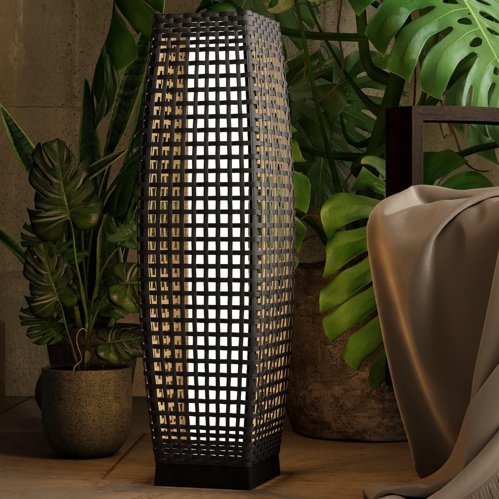 Water-Resistant Lantern Hollow Rattan Wicker Outdoor Solar Floor Lamp-FUJI