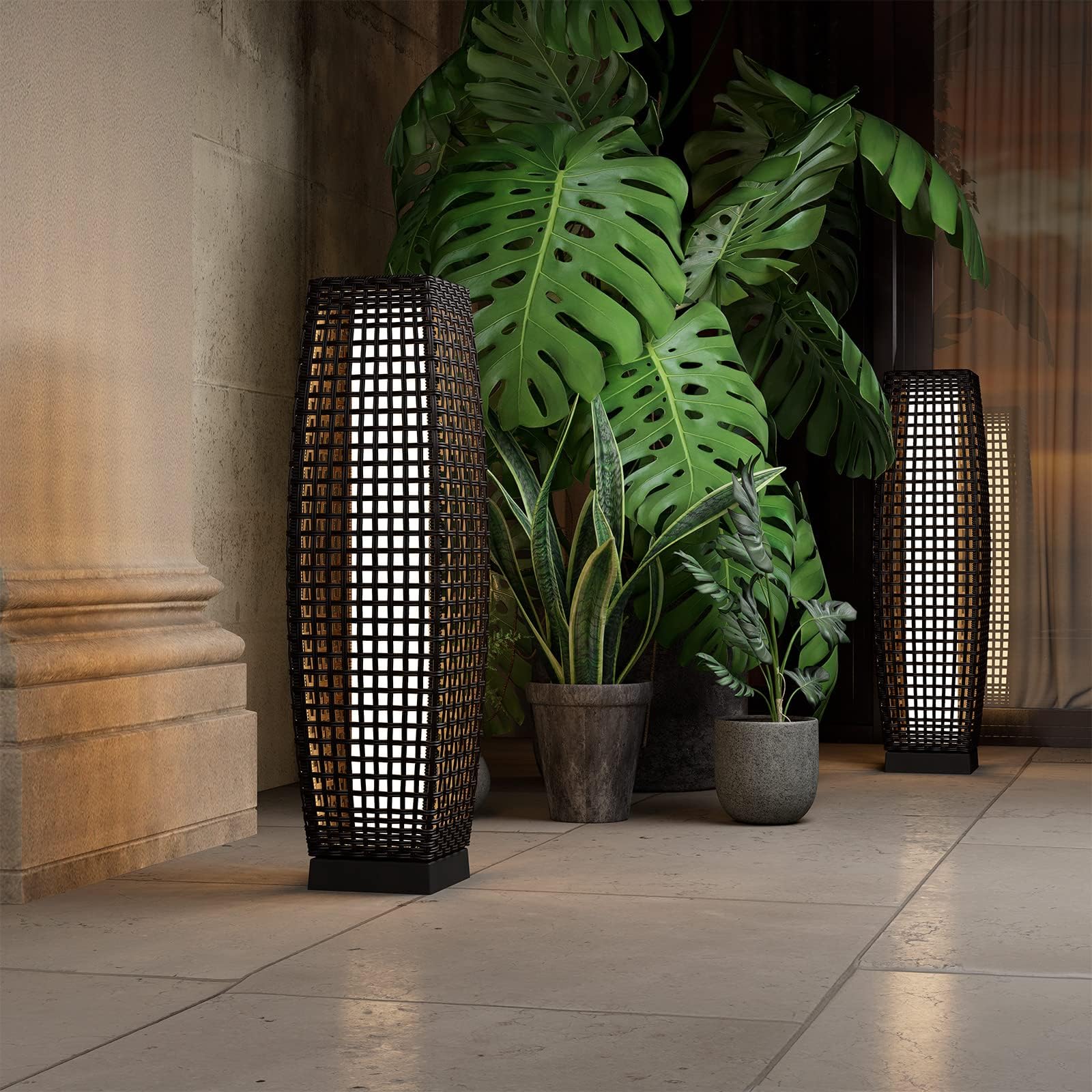 Water-Resistant Lantern Hollow Rattan Wicker Outdoor Solar Floor Lamp-FUJI