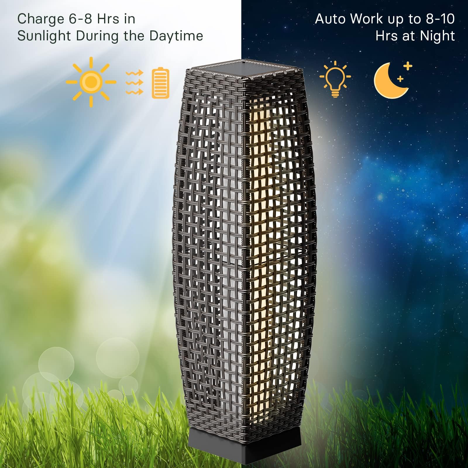 Water-Resistant Lantern Hollow Rattan Wicker Outdoor Solar Floor Lamp-FUJI