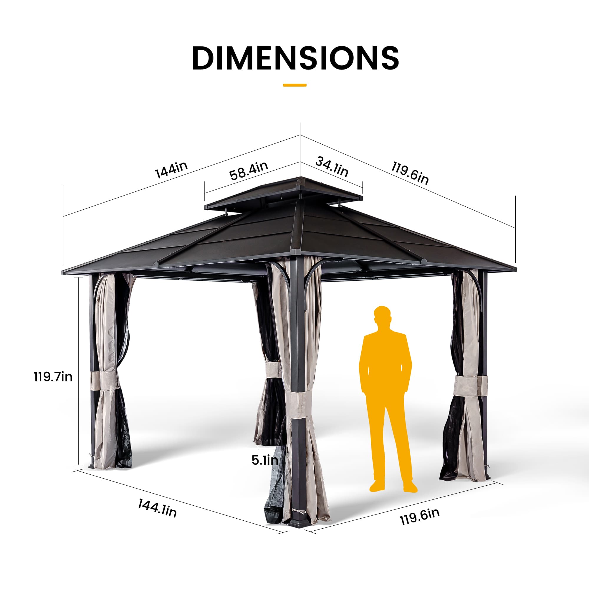 Olilawn 10' x 12' Andes Hardtop Gazebo with 2-Tier Ventilated Roof,Curtain & Netting