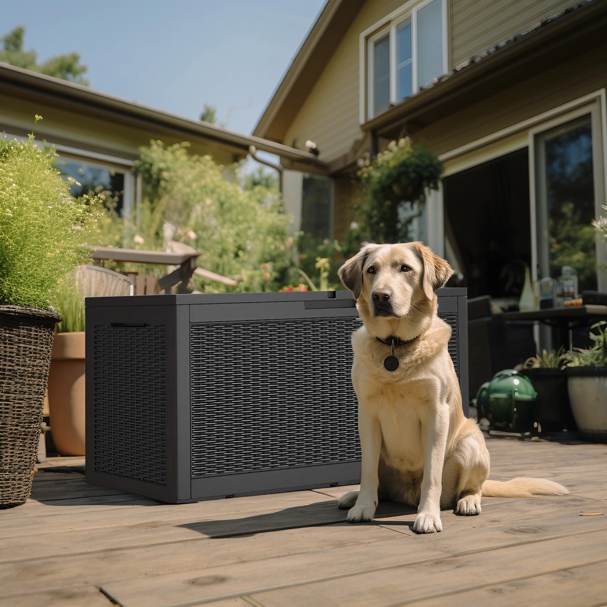 100 Gallon Rattan Resin Deck Box – Lockable & Weatherproof Outdoor Storage with Gas Lift Support