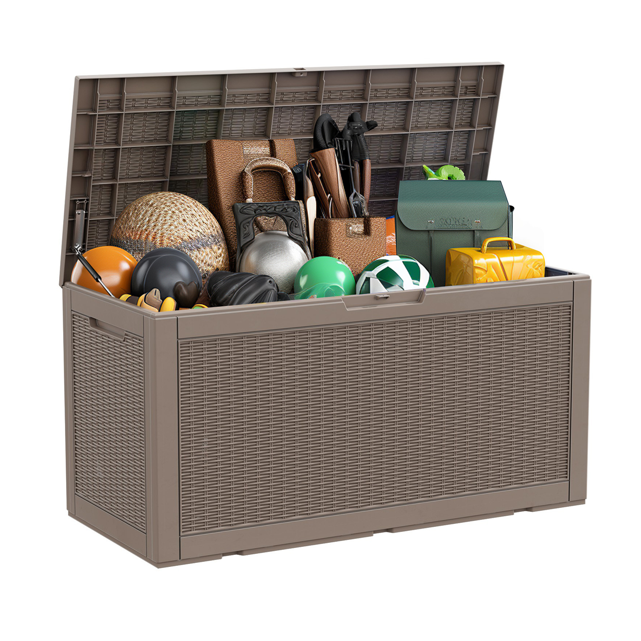 100 Gallon Rattan Resin Deck Box – Lockable & Weatherproof Outdoor Storage with Gas Lift Support