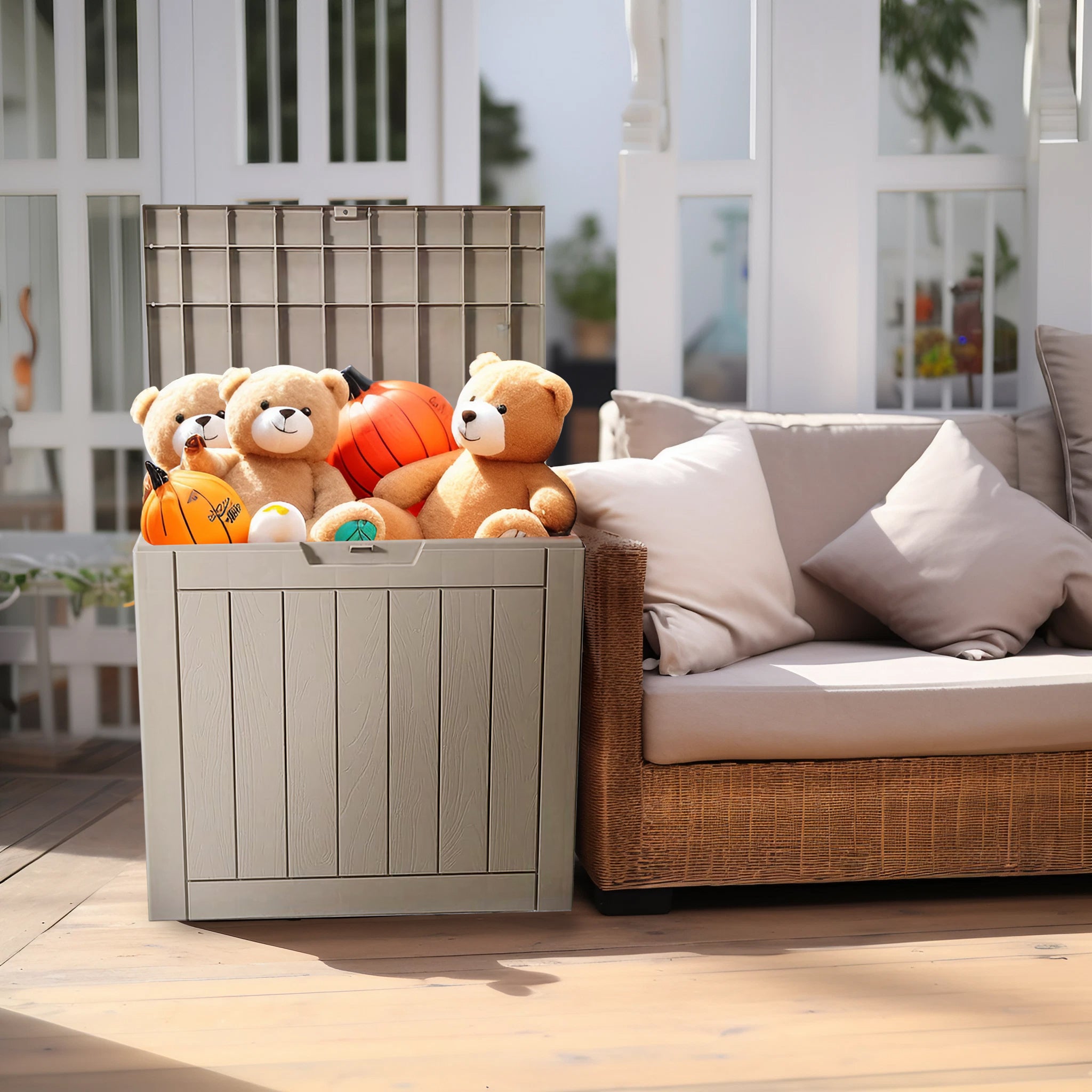 31 Gallon Woodgrain Resin Deck Box – Waterproof & Lockable Storage for Patio, Balcony & Garden Tools