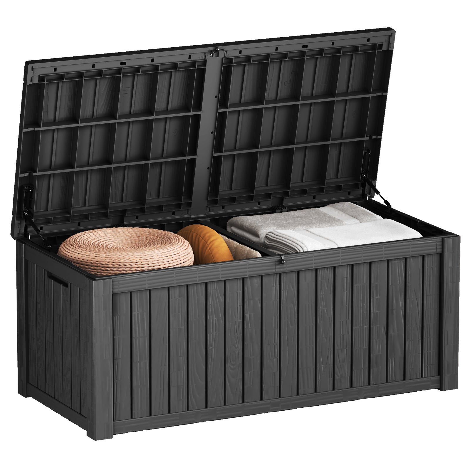 150 Gallon Outdoor Storage Deck Box with Lock – Waterproof Resin Box for Patio, Garden, Pool Gear, Bench Seating with Woodgrain Look