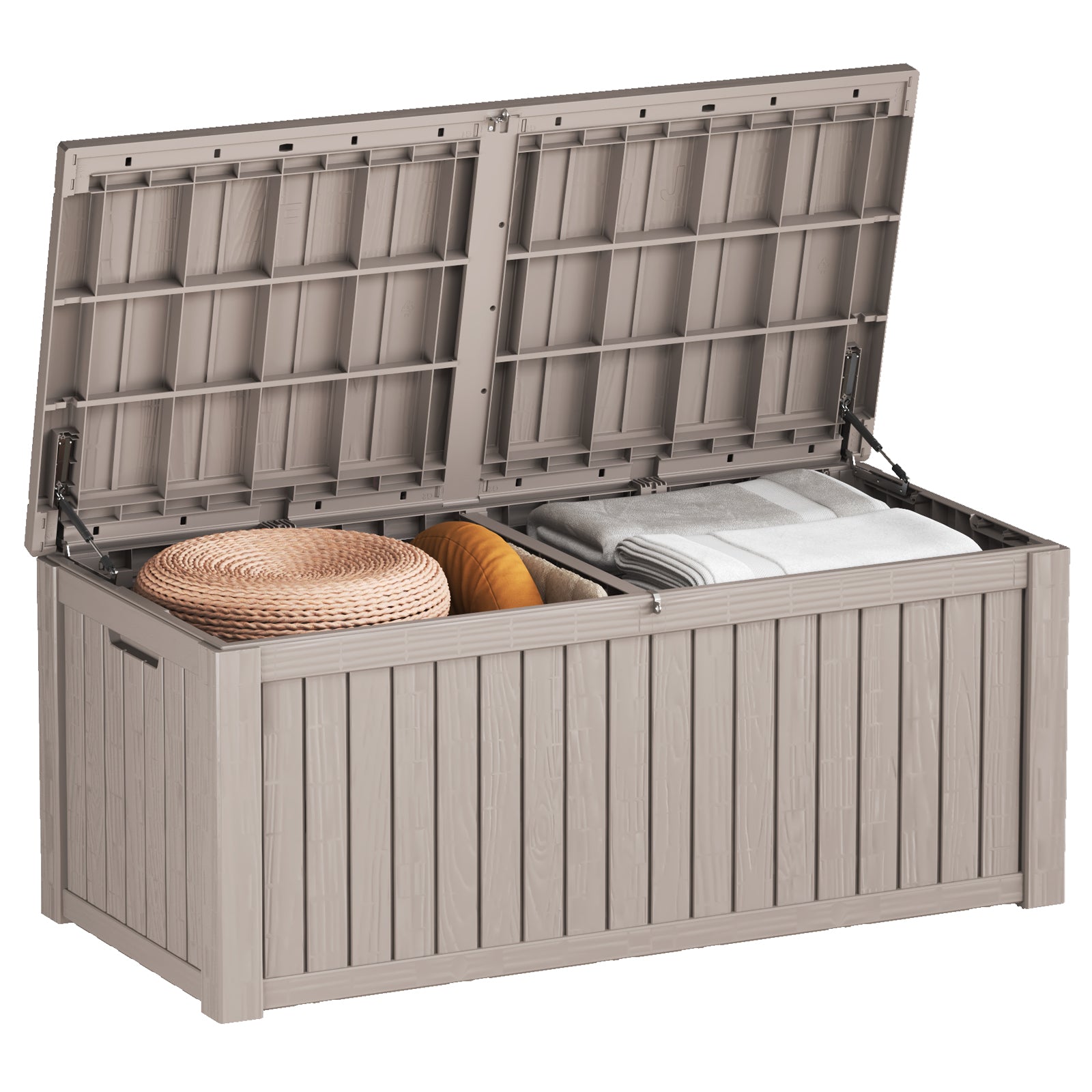 150 Gallon Outdoor Storage Deck Box with Lock – Waterproof Resin Box for Patio, Garden, Pool Gear, Bench Seating with Woodgrain Look
